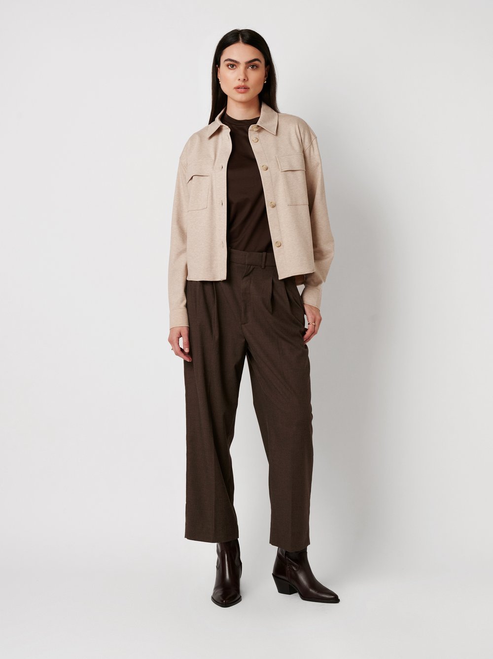 Womens blouse Sina in beige, outfit view worn by model