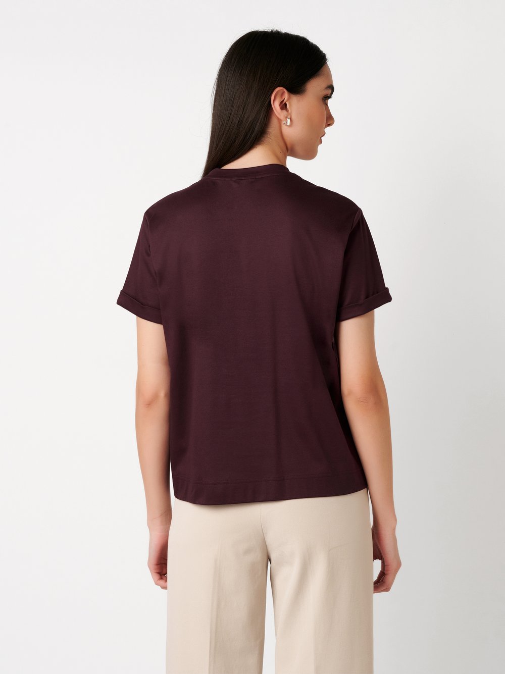 Womens shirt Alexa in burgundy, back view worn by model