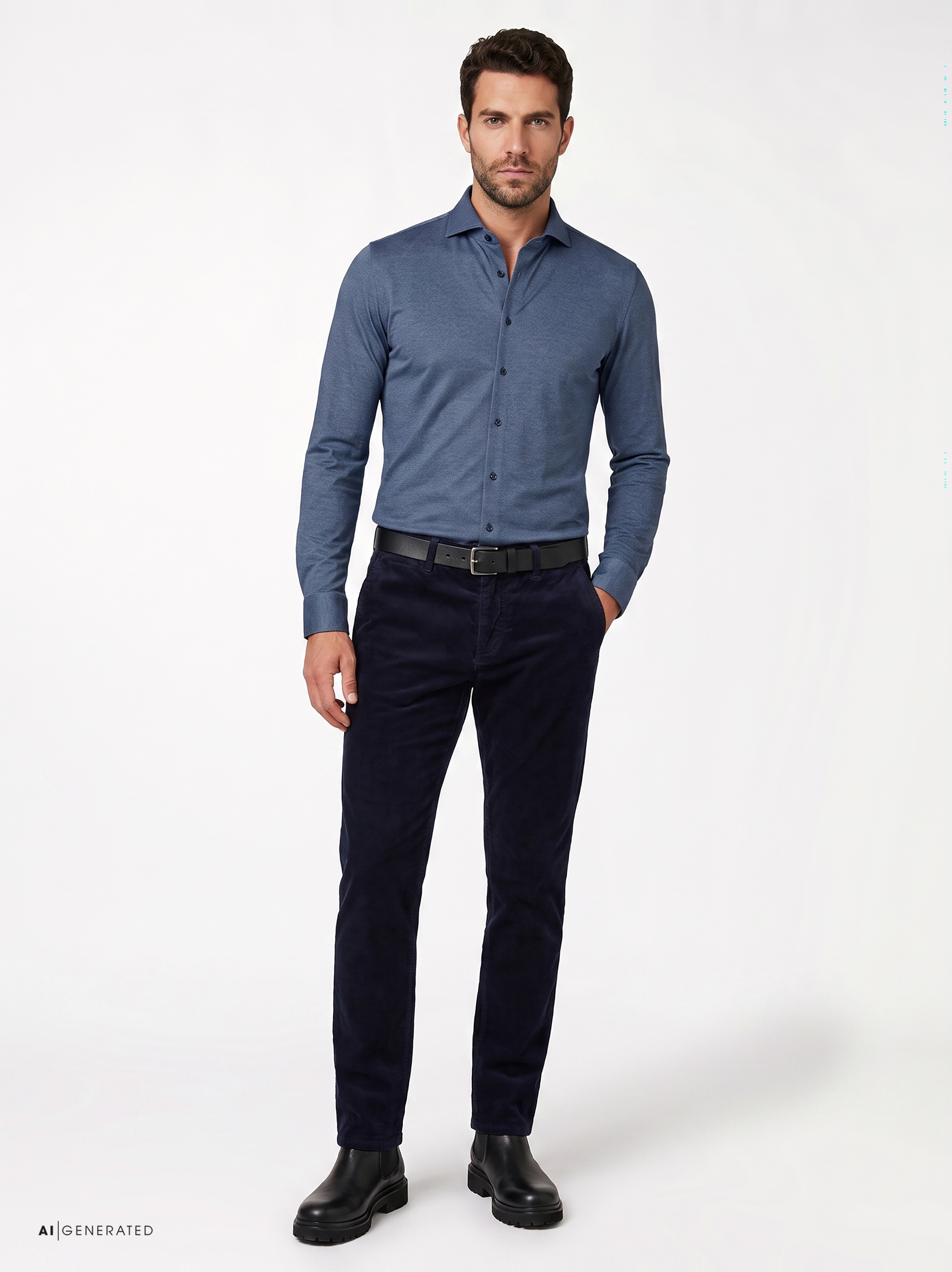 Mens shirt luxury hai in navy herringbone, outfit view worn by model
