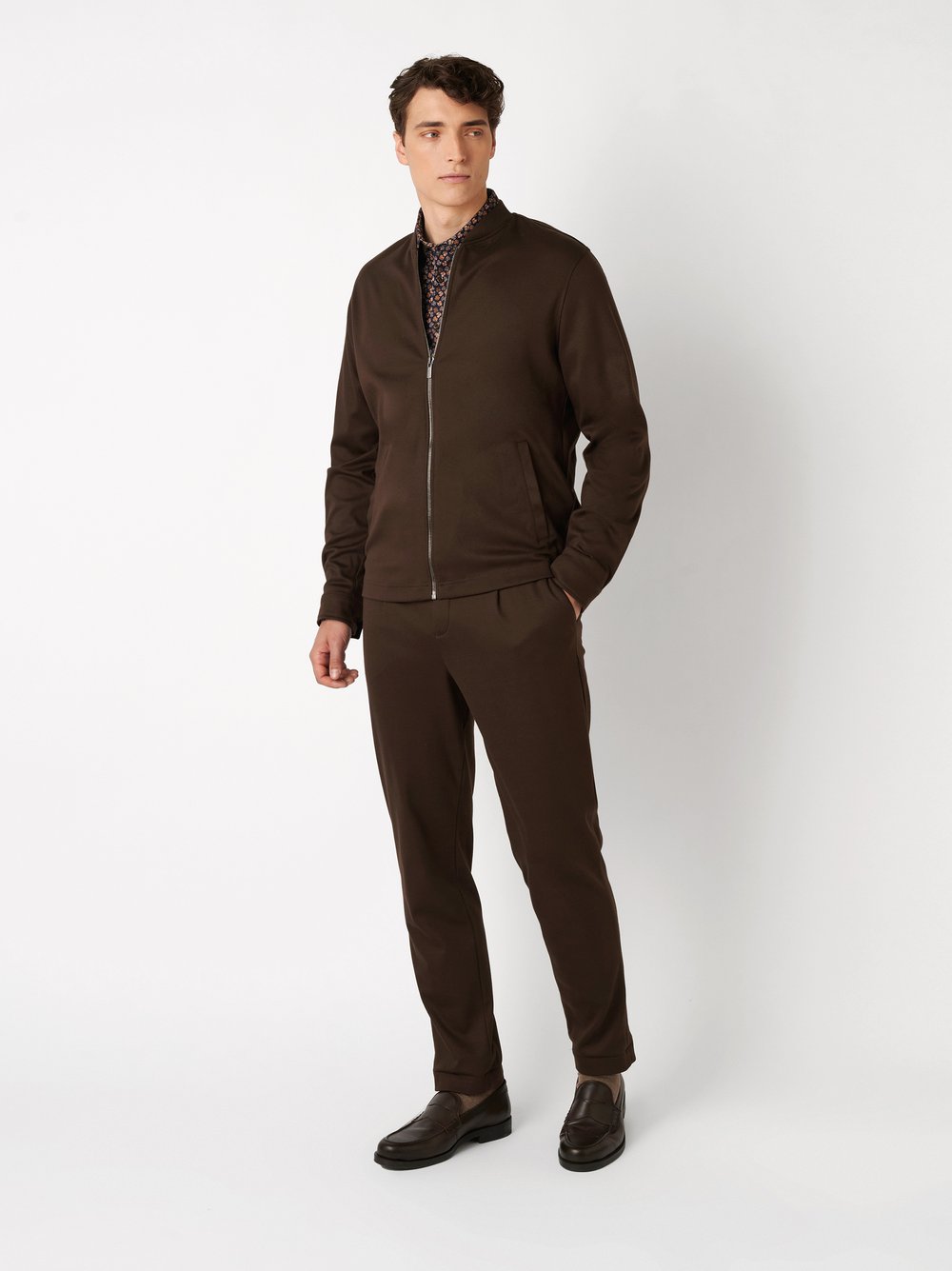 Mens jacket casual college jacket in solid brown, outfit view worn by model