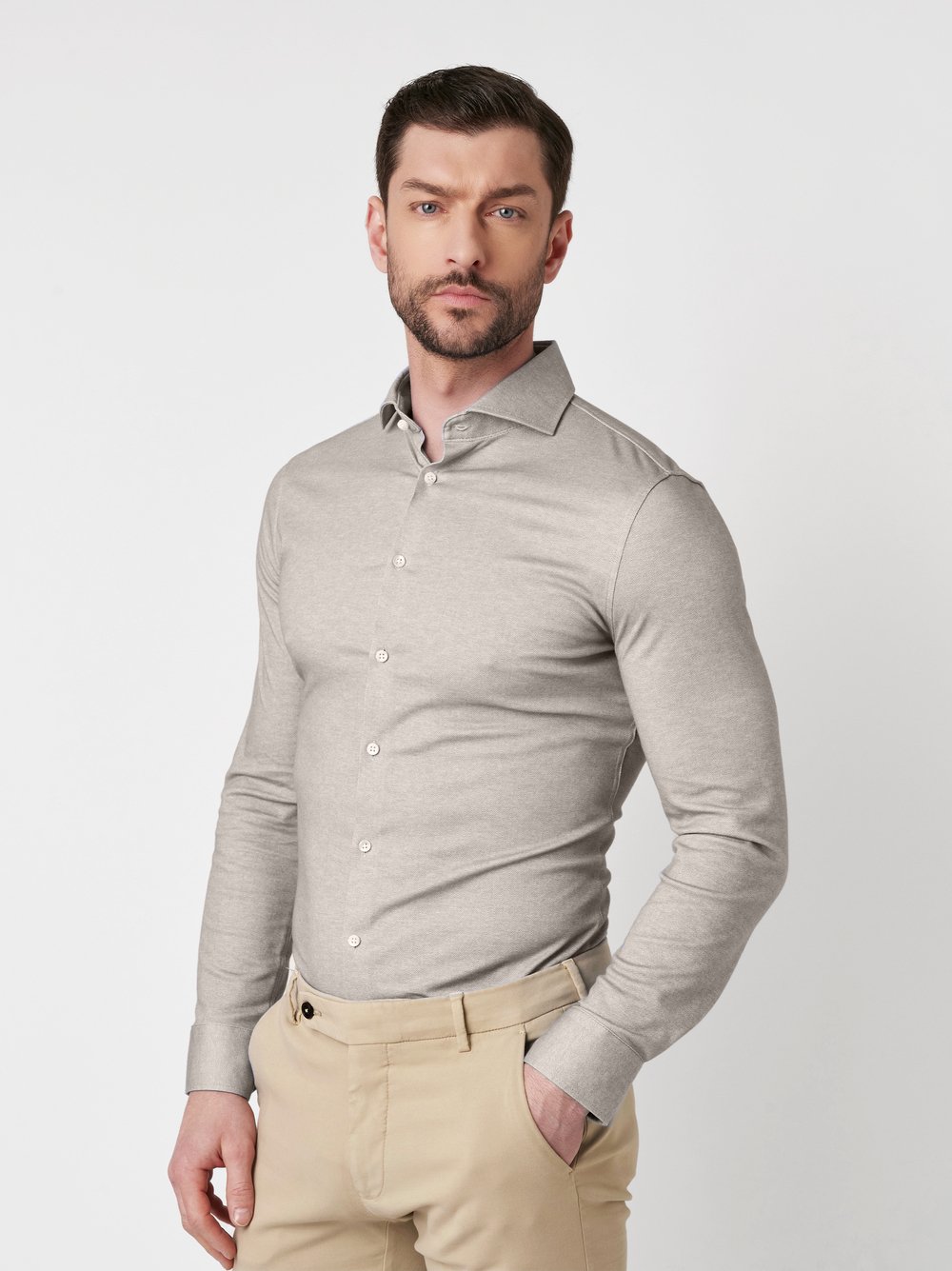 Shirt Luxury Hai sand herringbone front view Shirt Luxury Hai sand herringbone front view