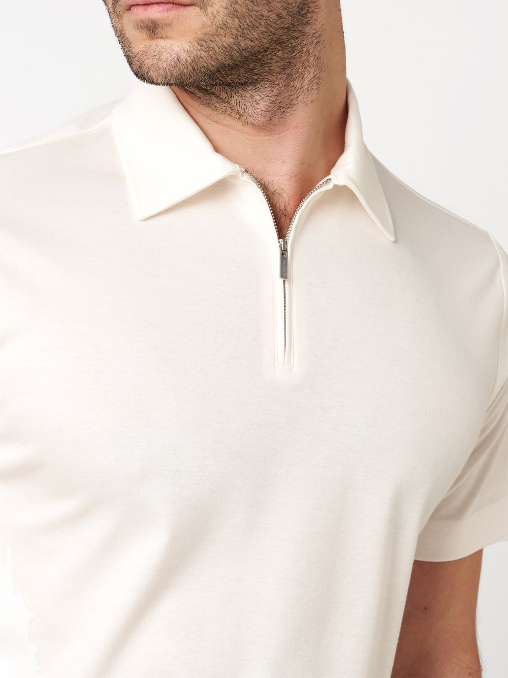Mens Polo luxury two ply zip in cream, detail view