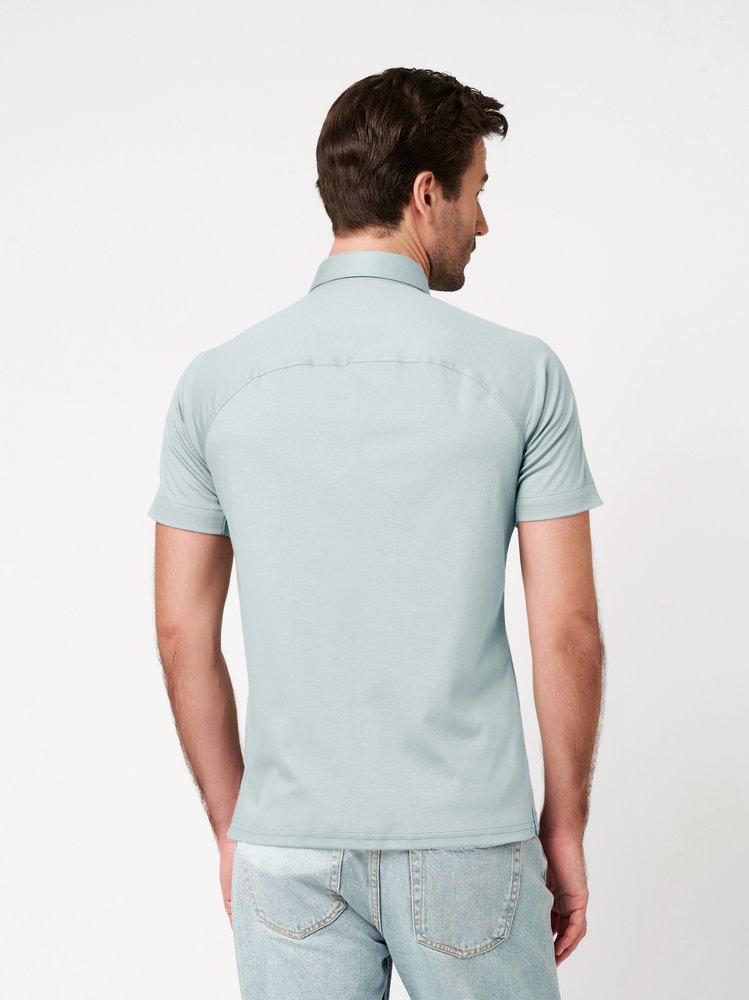 Mens Polo casual kent in green pique, back view worn by model