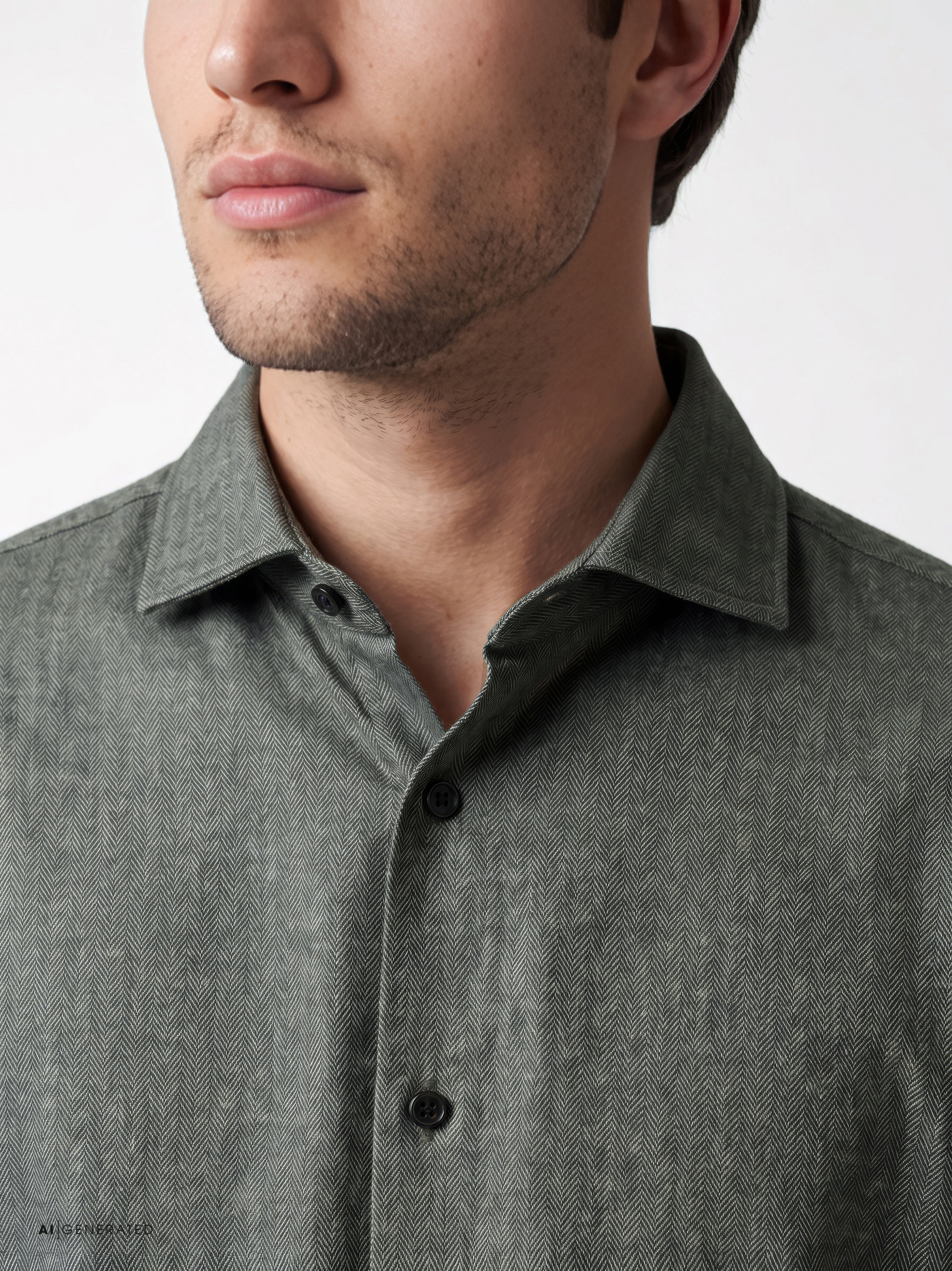 Mens shirt luxury hai in green herringbone, detail view
