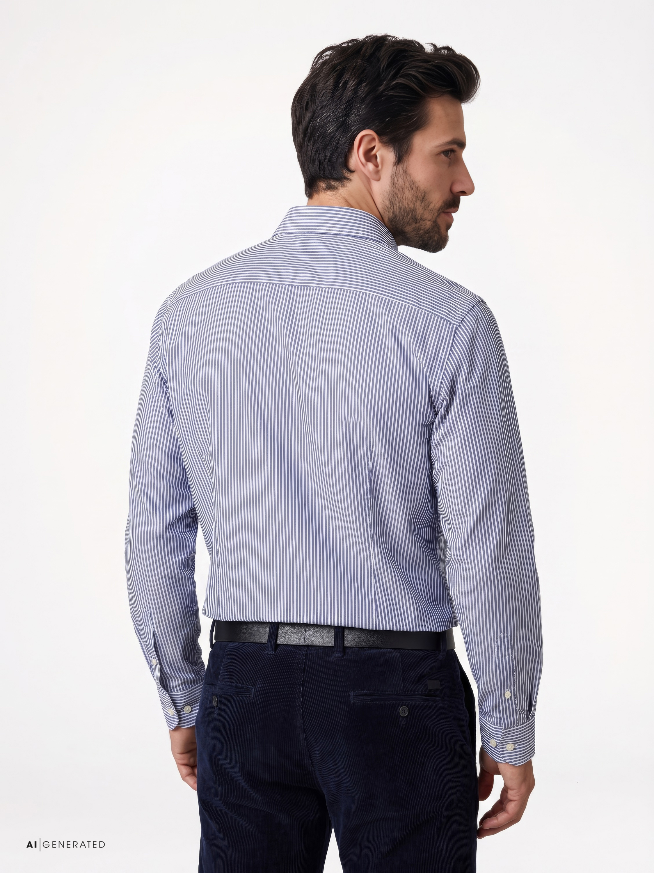 Mens shirt luxury hai in blue structure stripes, back view worn by model