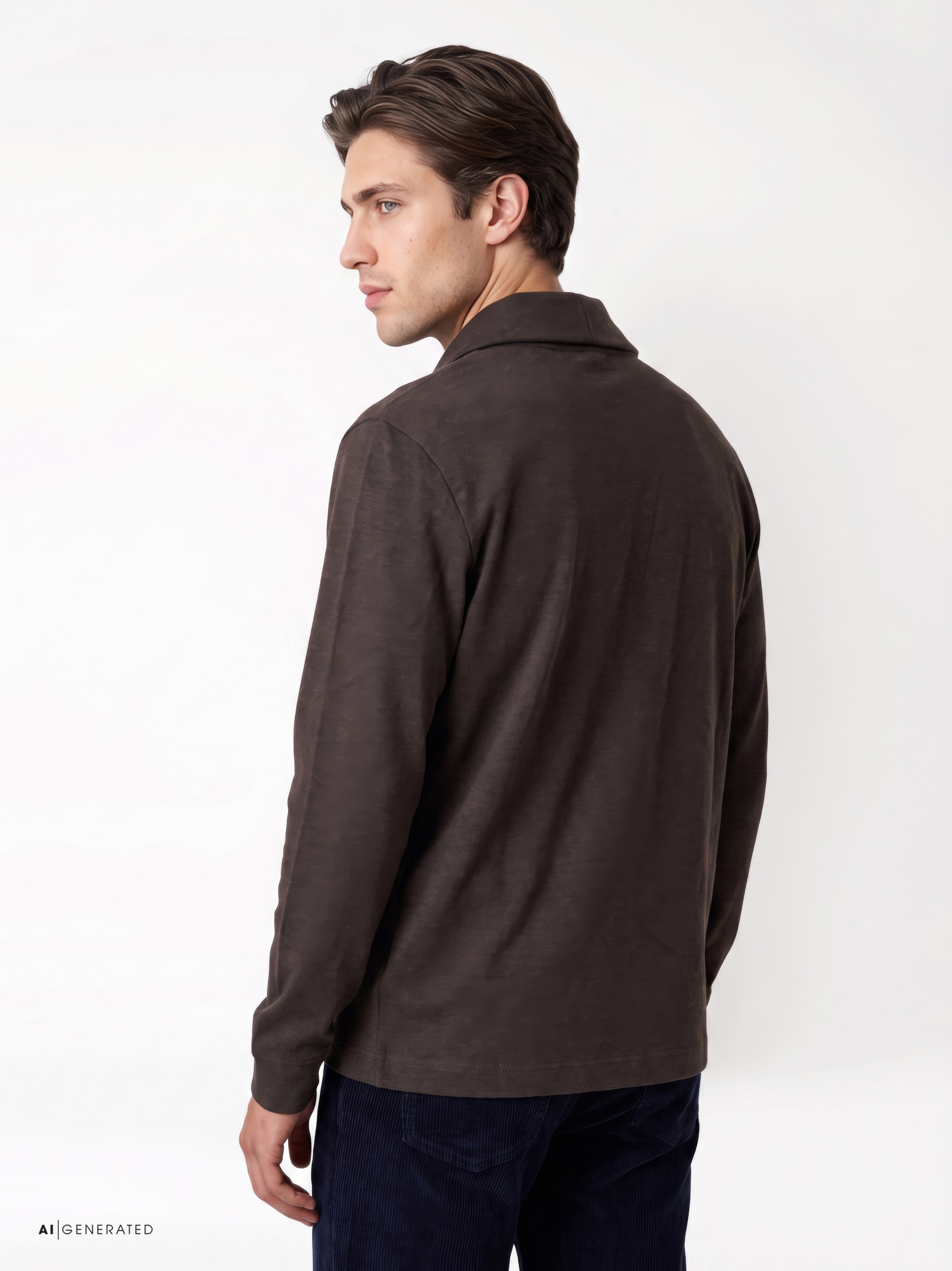 Mens sweater luxury shawl in chocolate melange, back view worn by model