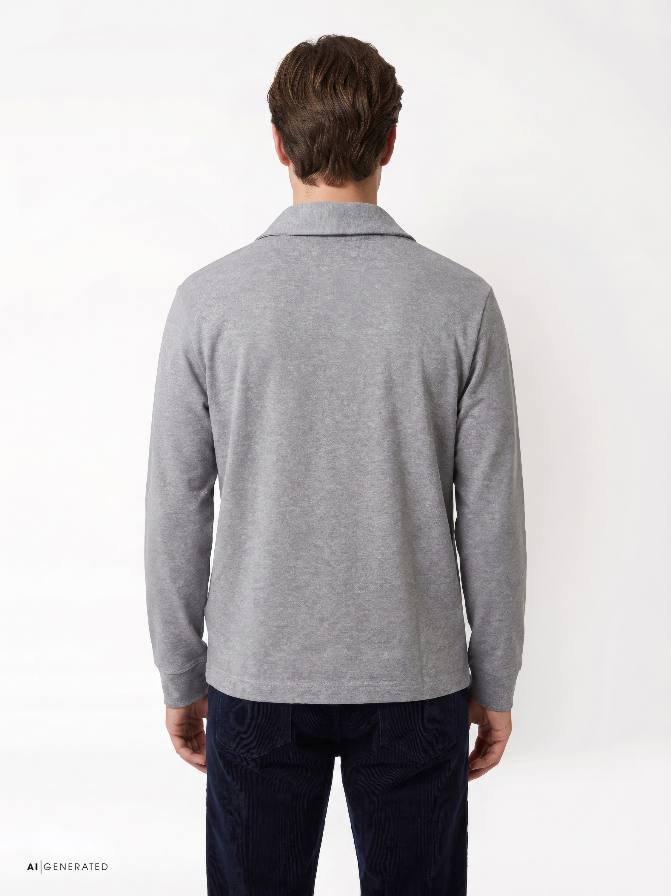 Mens sweater luxury shawl in grey melange, back view worn by model