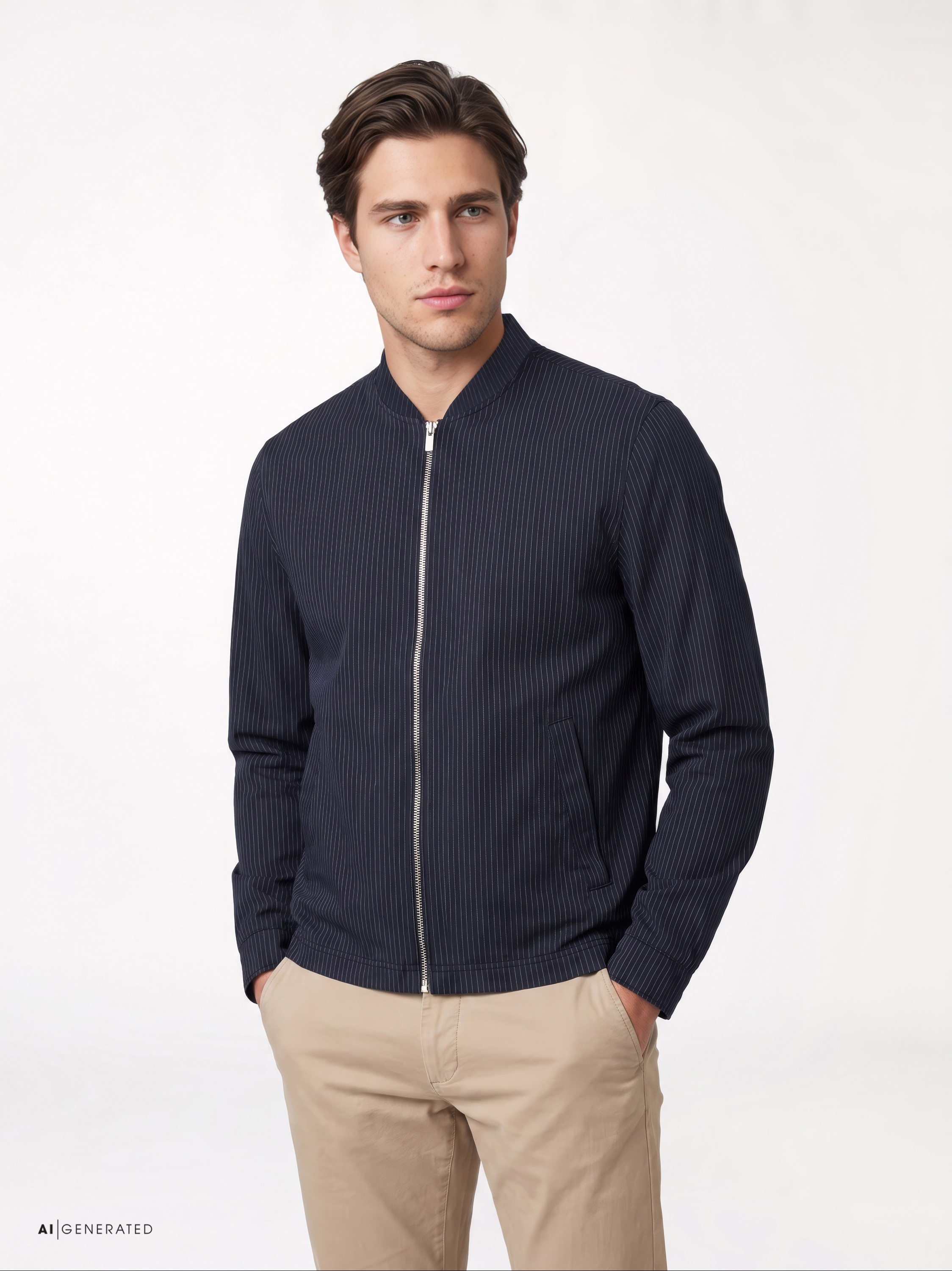 Herrenjacke Casual College Jacket in blue stripes, Frontansicht am Model getragen
