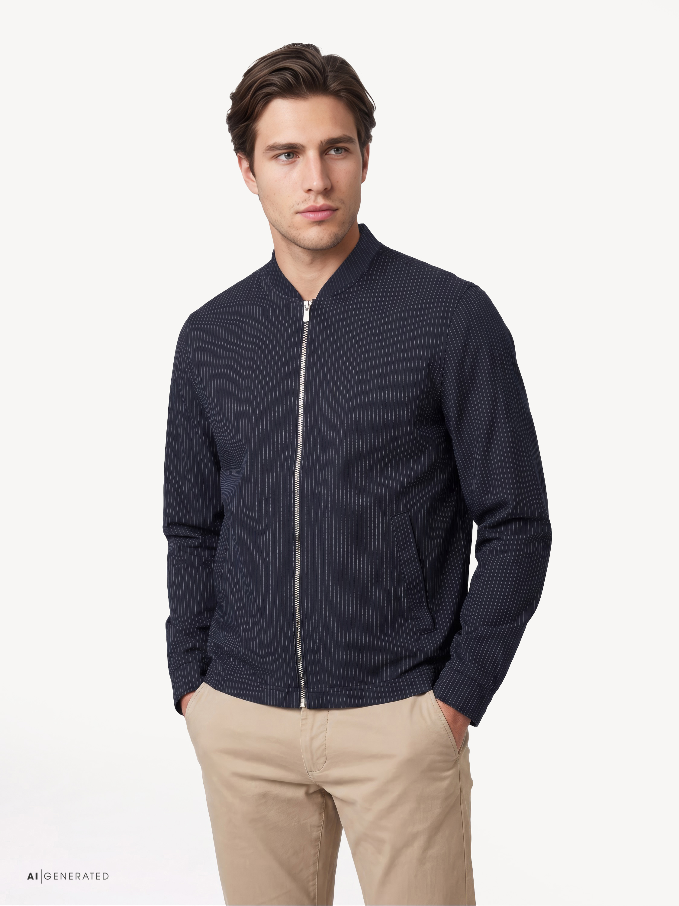 Herrenjacke Casual College Jacket in blue stripes, Frontansicht am Model getragen