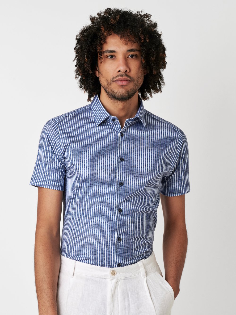 Shirt Casual Kent linen stripes navy front view Shirt Casual Kent linen stripes navy front view