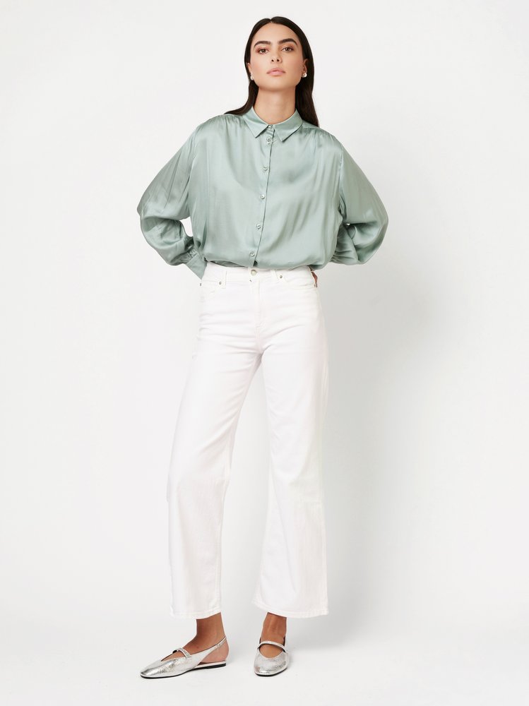 Womens blouse Lena in aloe, outfit view worn by model