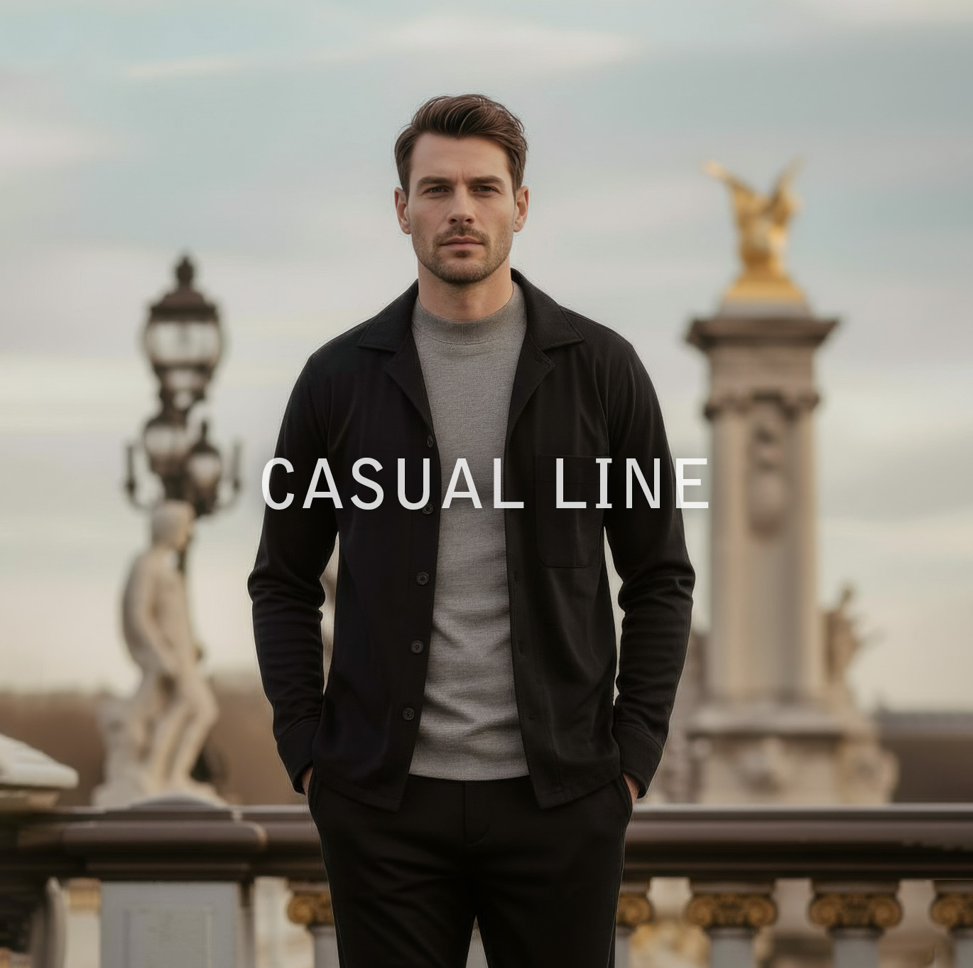Modell in grauem Shirt und dunkler Jerseyjacke vor urbaner Kulisse – Teaser zur Casual Line von DESOTO