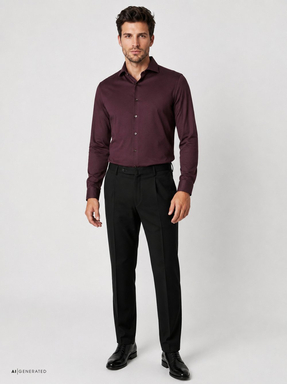Mens shirt luxury hai in bordeaux twill, outfit view worn by model