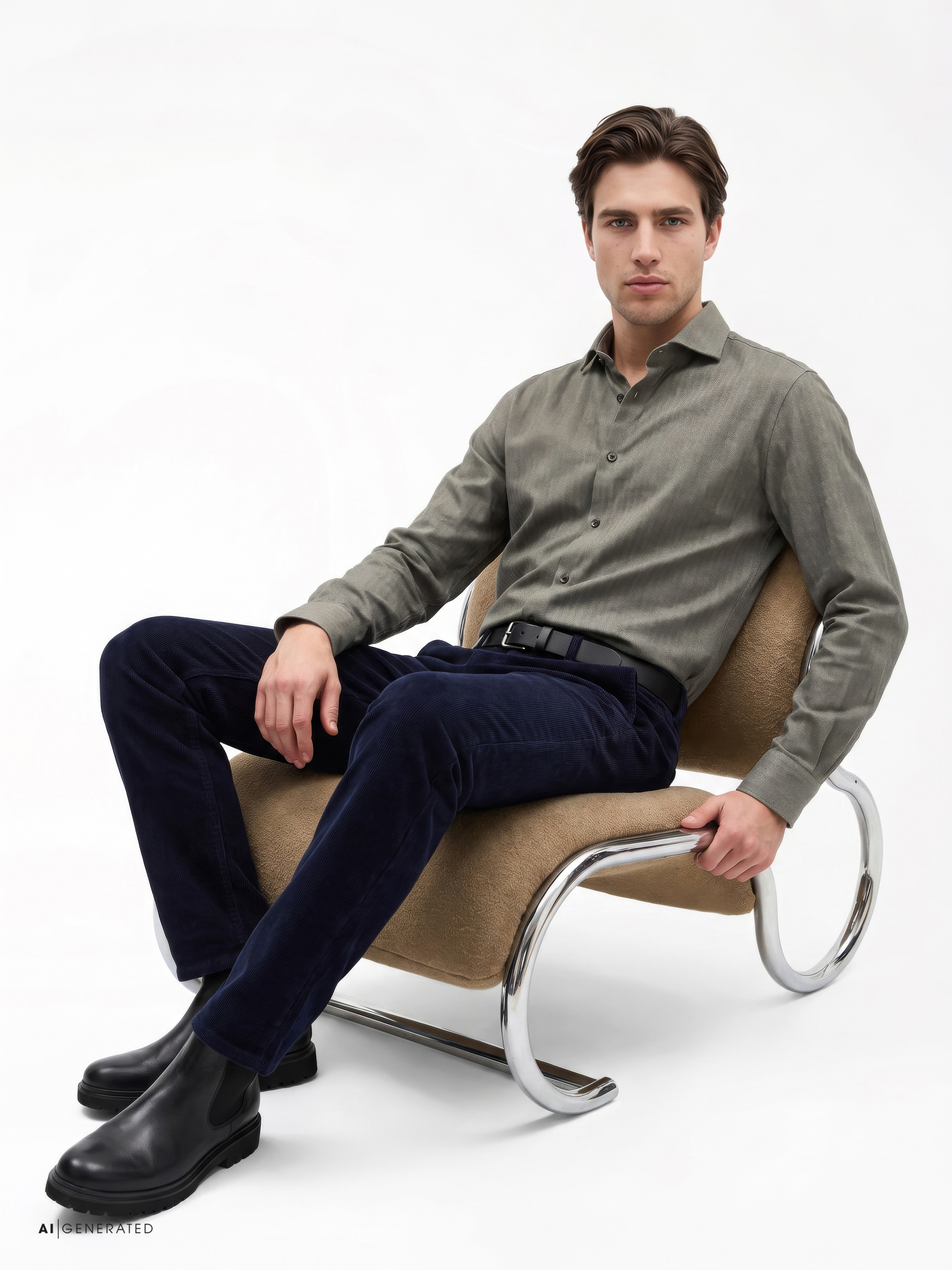 Mens shirt luxury hai in green herringbone, front view worn by model