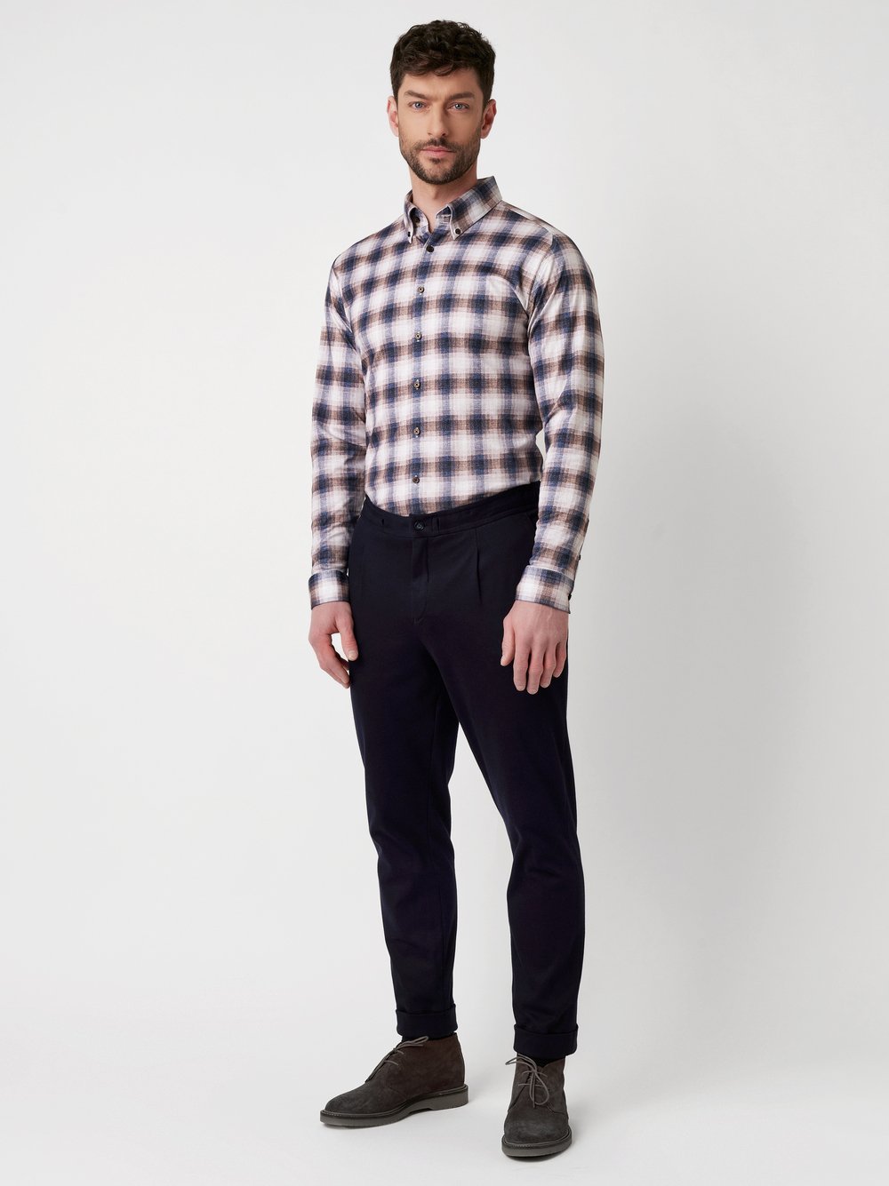 Shirt Casual Button Down sand check flannel outfit view
