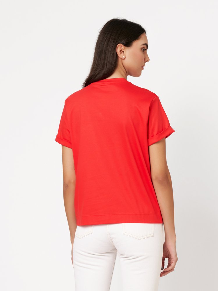 Womens shirt Alexa in red, back view worn by model