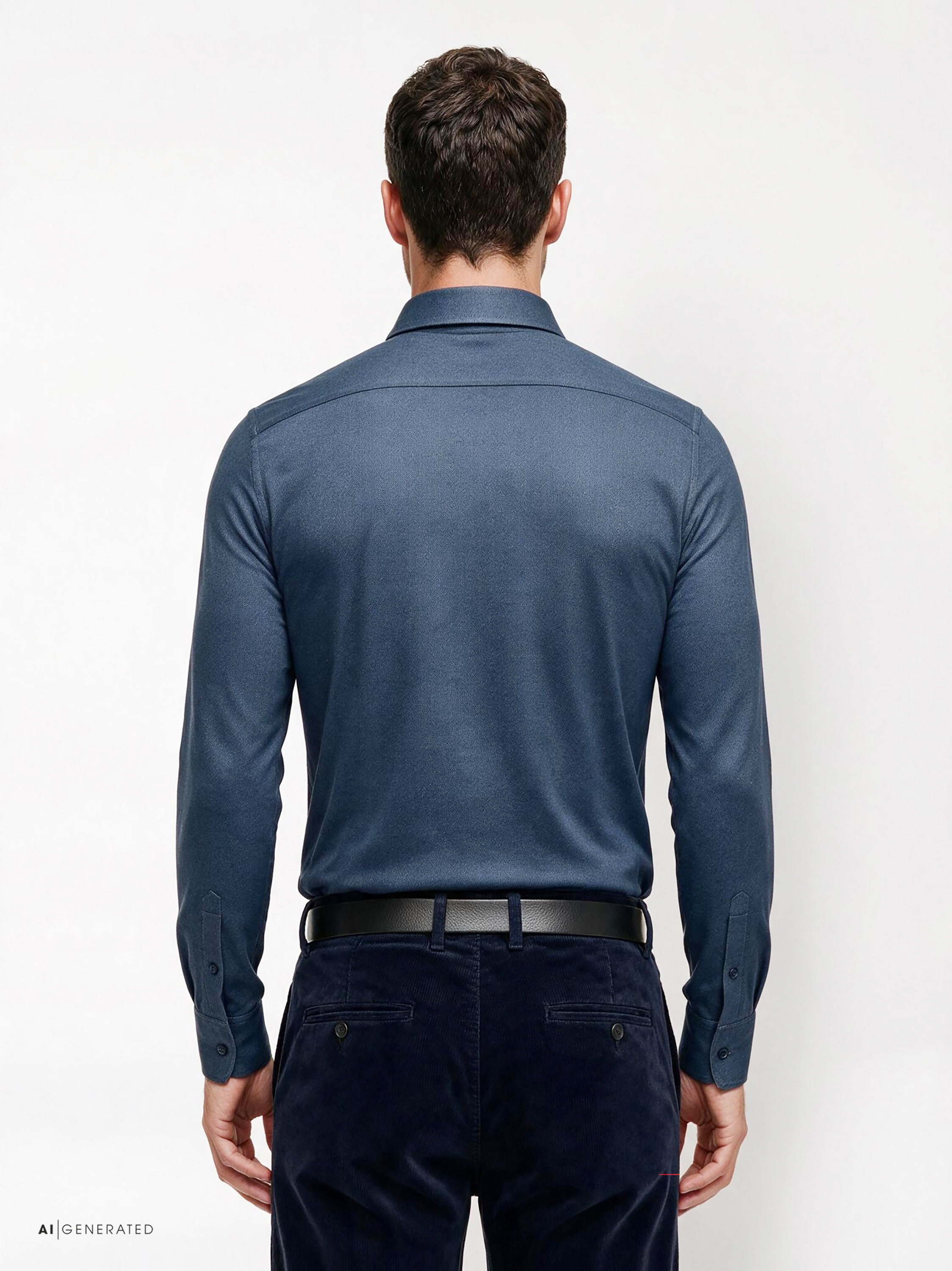 Mens shirt luxury hai in navy herringbone, back view worn by model