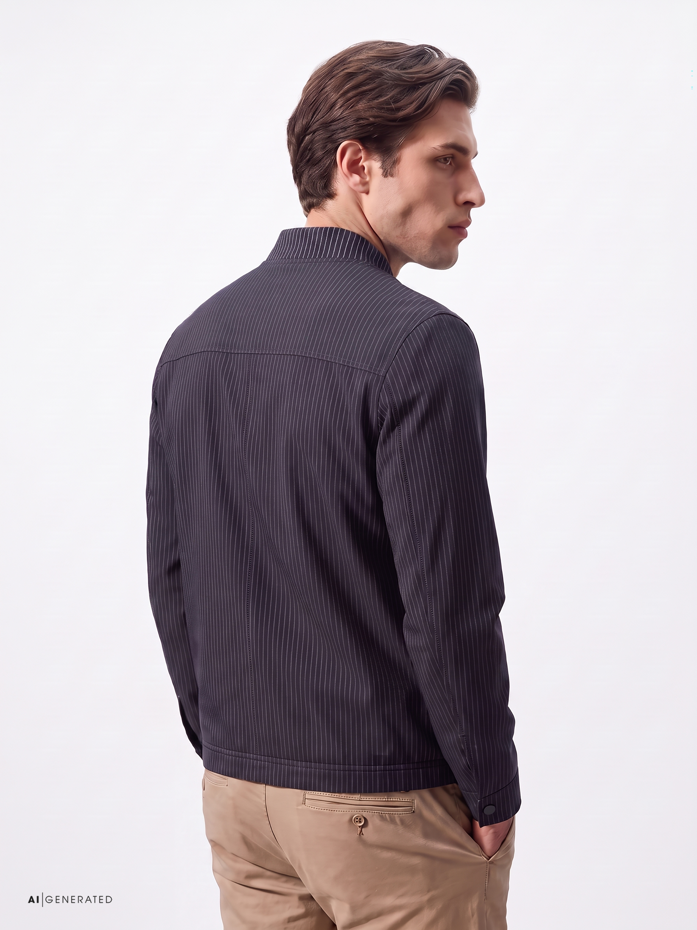 Herrenjacke Casual College Jacket in blue stripes, Rueckansicht am Model getragen