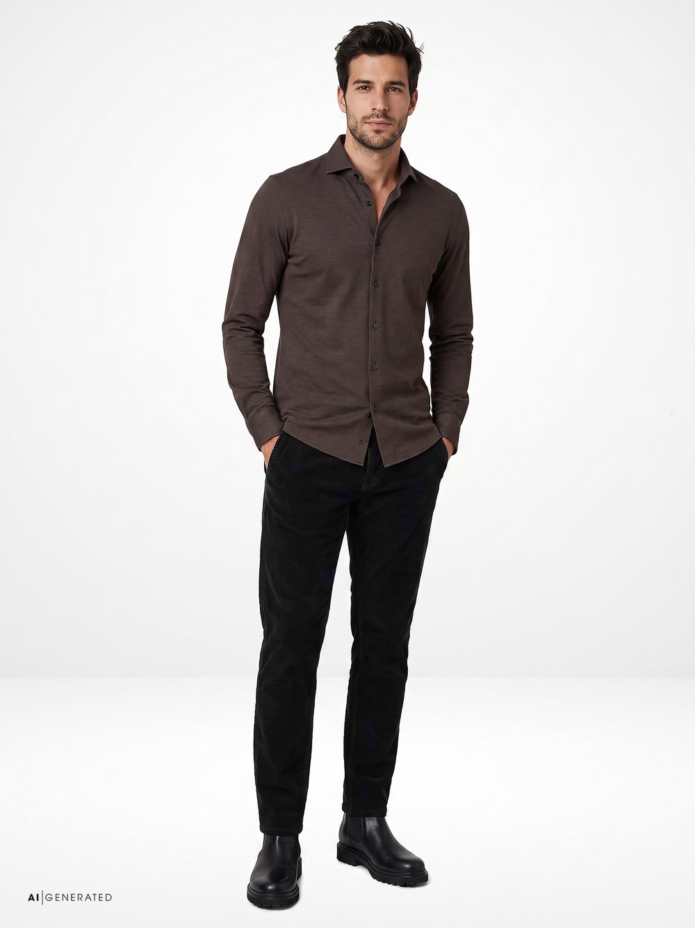 Mens shirt luxury hai in brown pique, outfit view worn by model