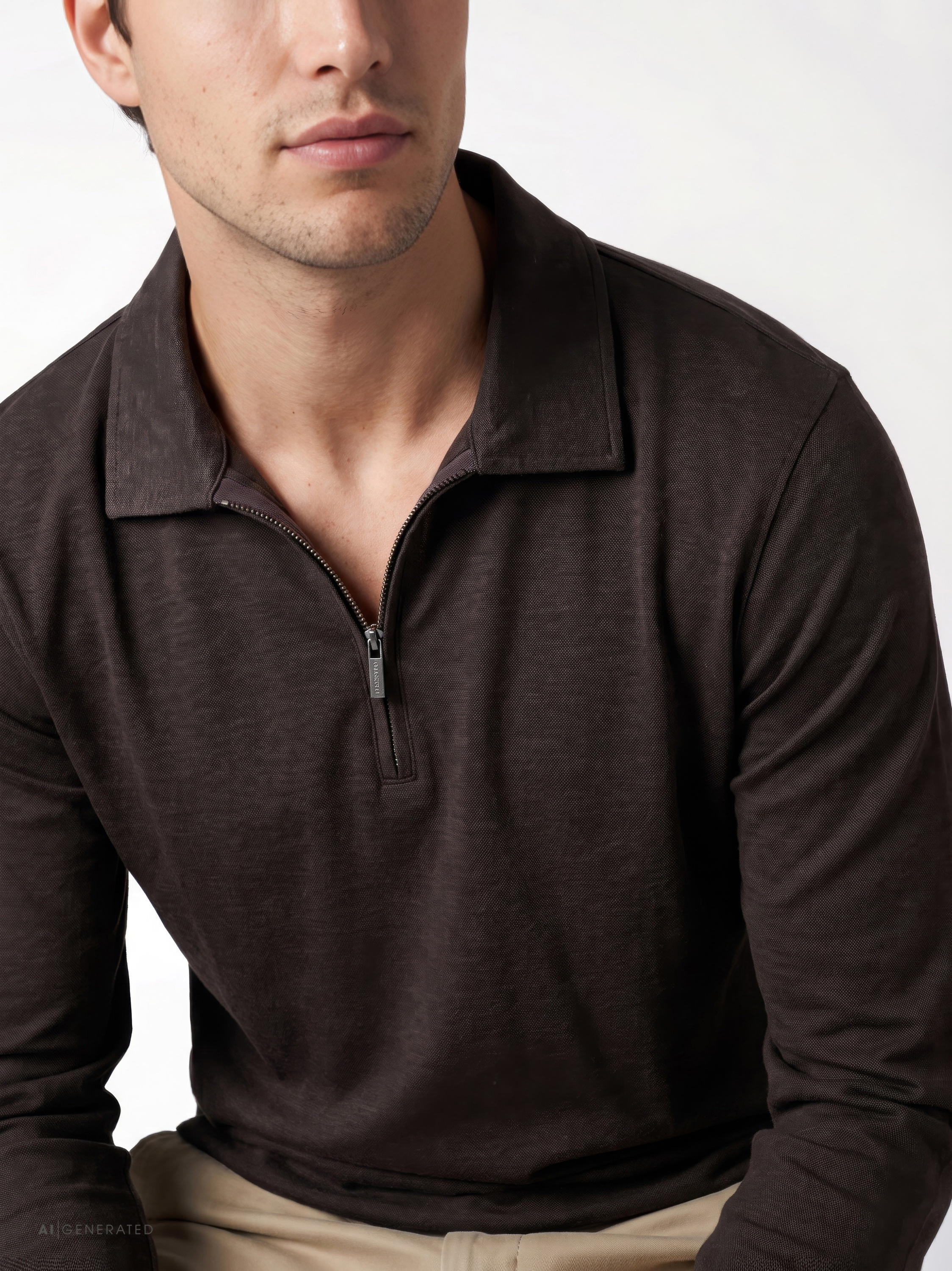 Mens polo shirt uxury polo zip in chocolate melange, detail view
