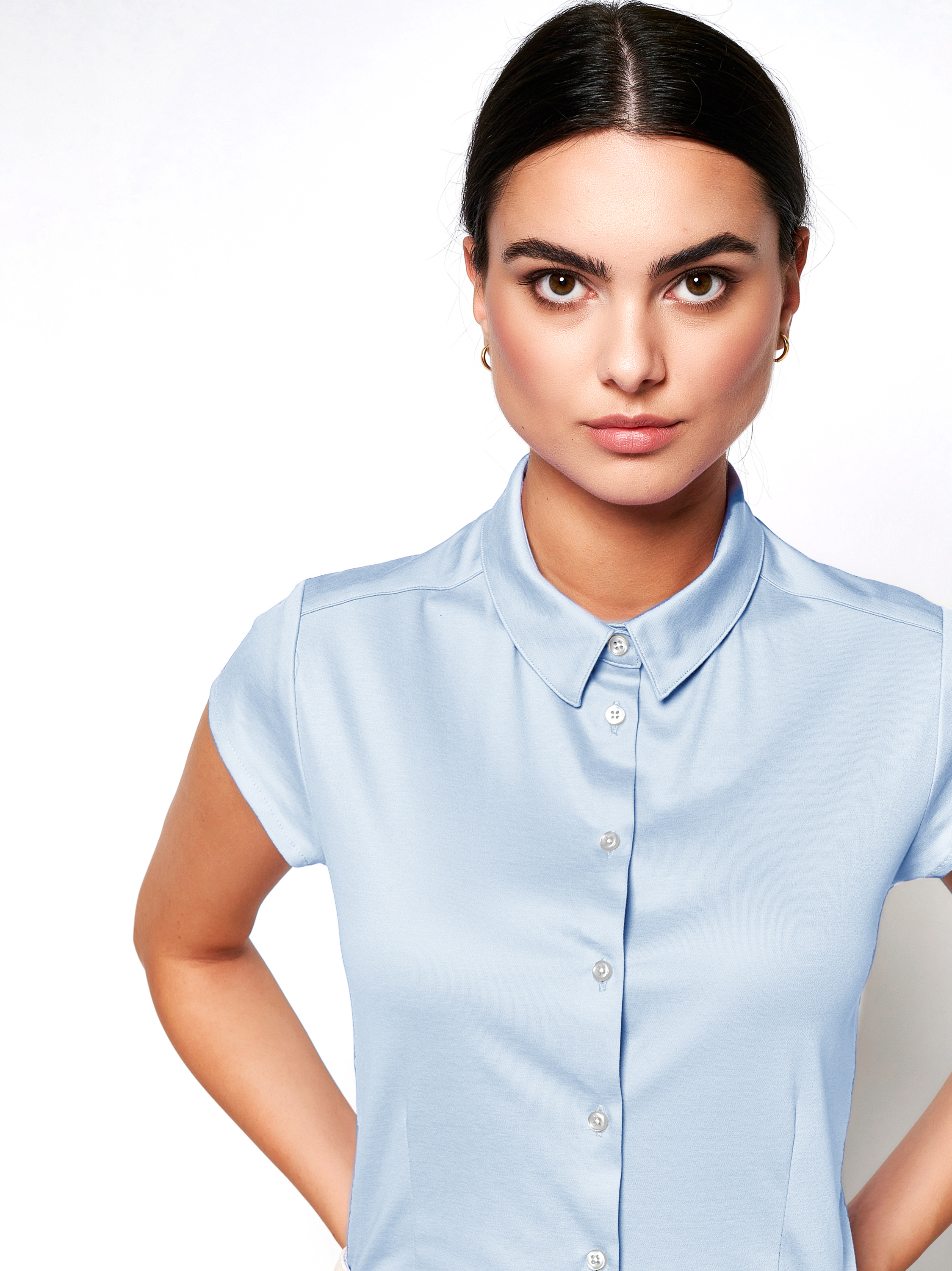 Blouse Pia small stripe white blue outfit view Blouse Pia small stripe white blue outfit view
