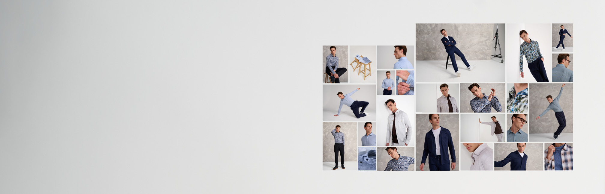 Collage aus Looks der DESOTO Casual Line – Jersey-Hemden in Bewegung, Print und Struktur.