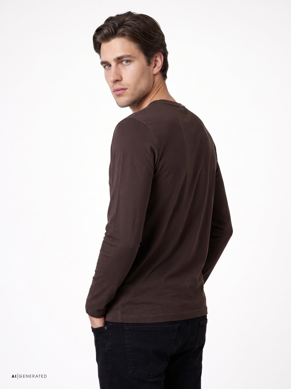 Mens T-shirt casual roundneck in solid brown, back view worn by model
