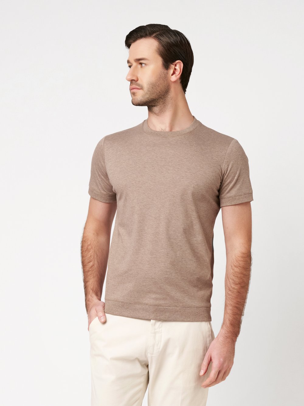 Mens T-shirt luxury roundneck in beige, front view worn by model