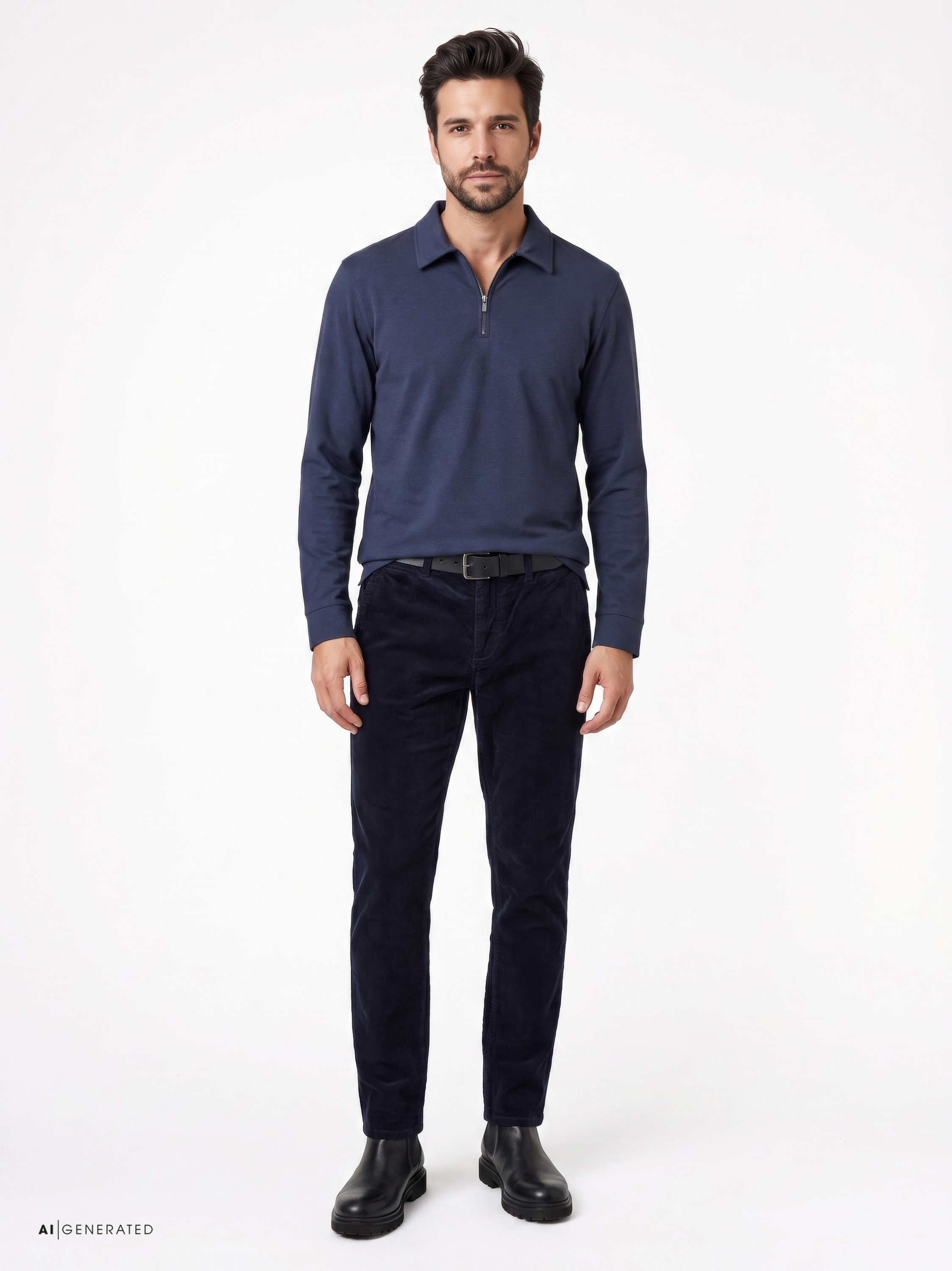 Mens polo shirt uxury polo zip in dark blue melange, outfit view worn by model