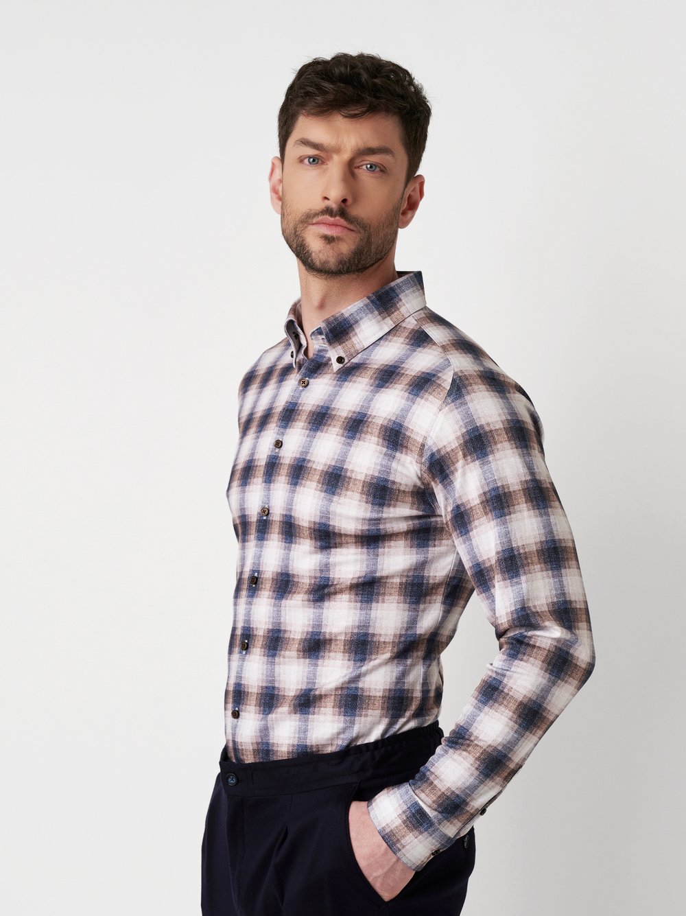 Shirt Casual Button Down sand check flannel front view