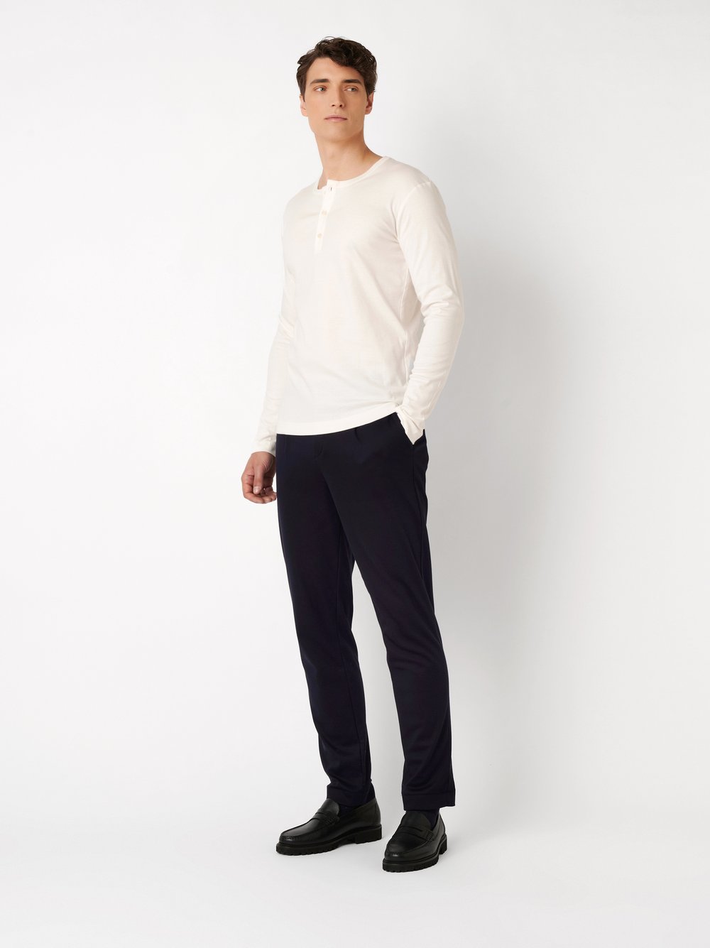 Mens polo shirt casual henley in off white, outfit view worn by model