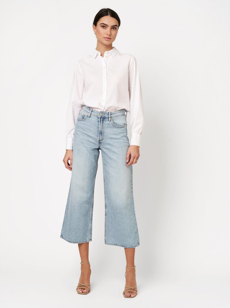 Womens blouse Lizzy in solid white, outfit view worn by model