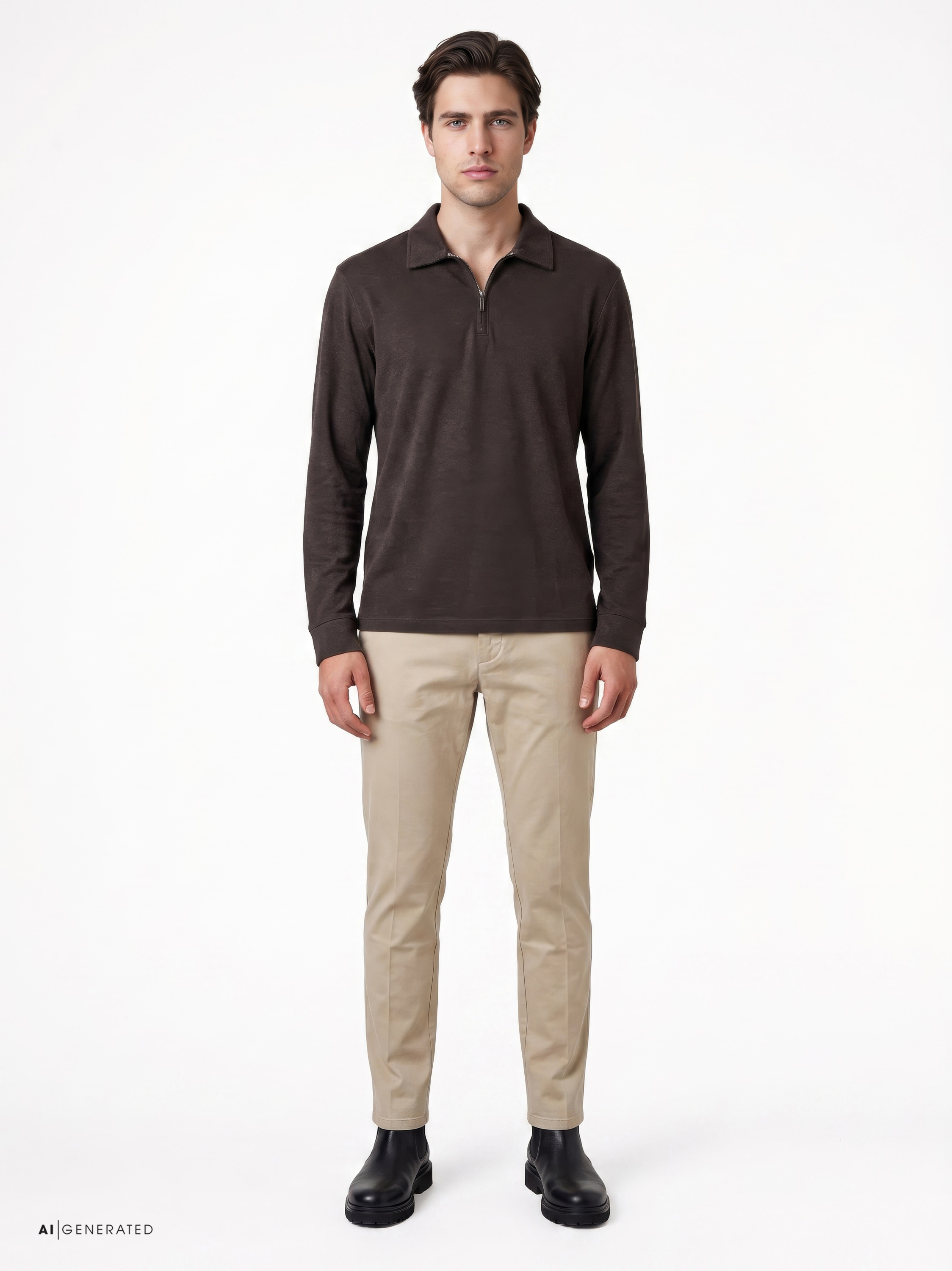 Mens polo shirt uxury polo zip in chocolate melange, outfit view worn by model