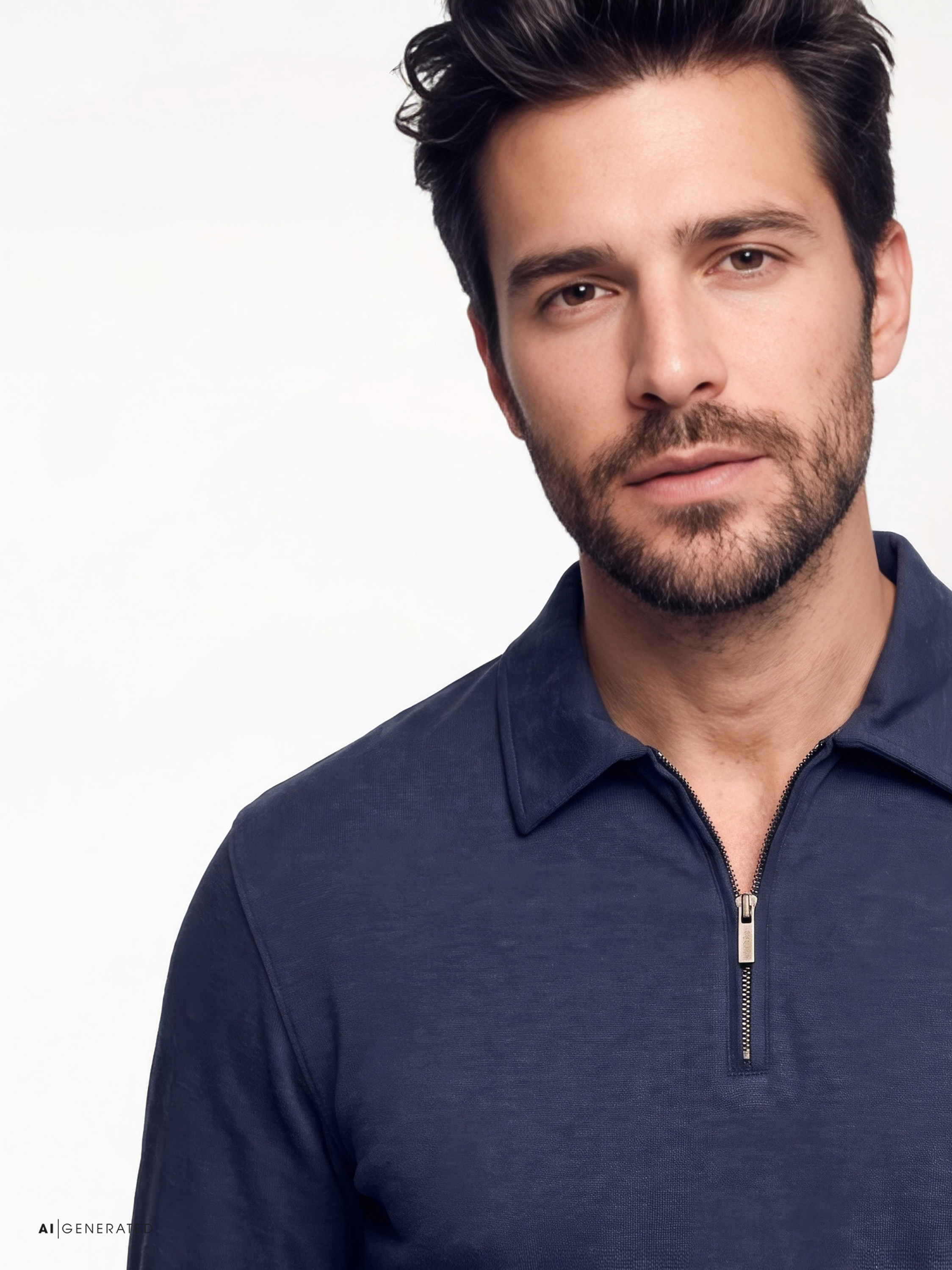 Mens polo shirt uxury polo zip in dark blue melange, detail view