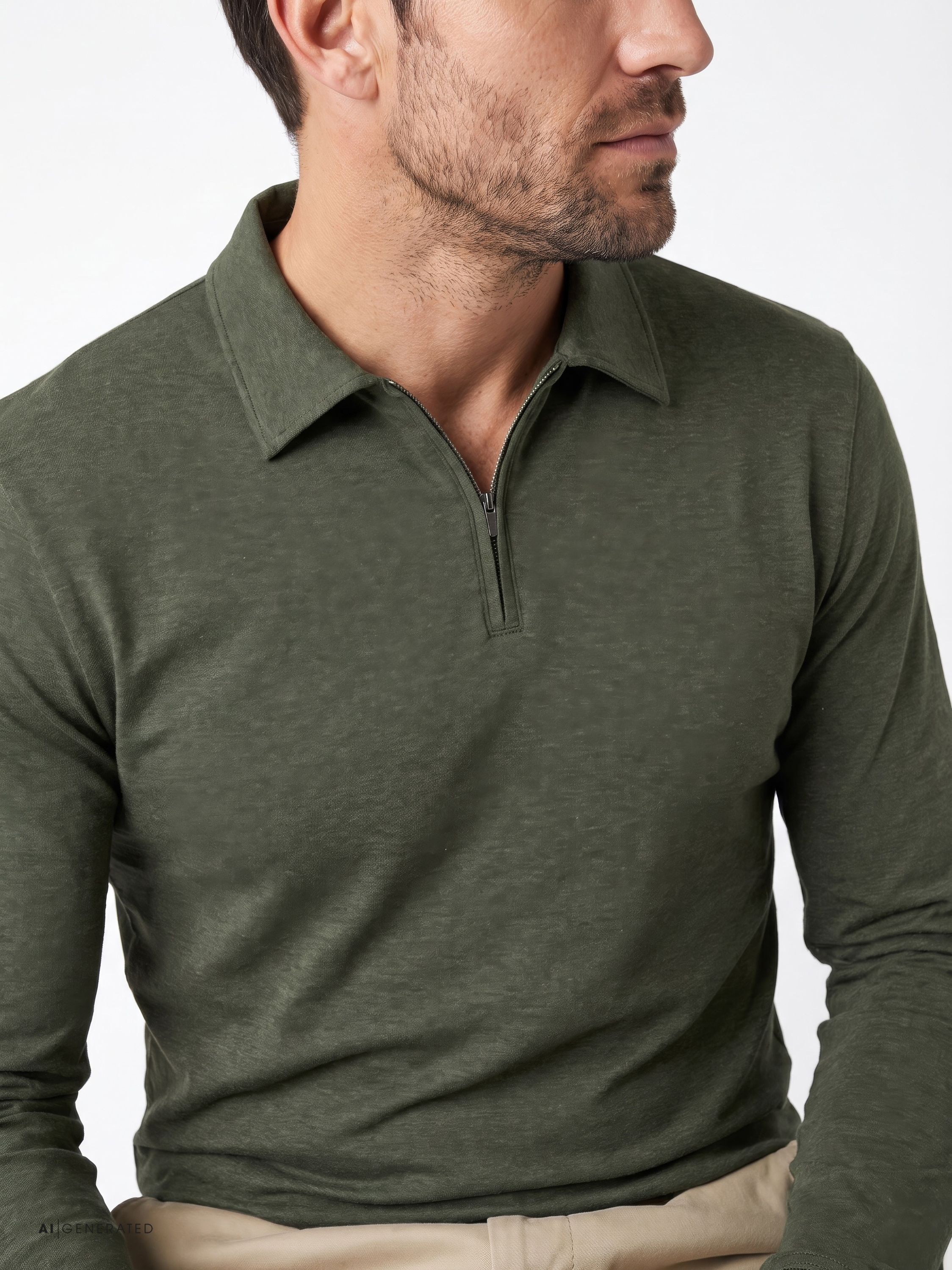 Mens polo shirt uxury polo zip in green melange, detail view