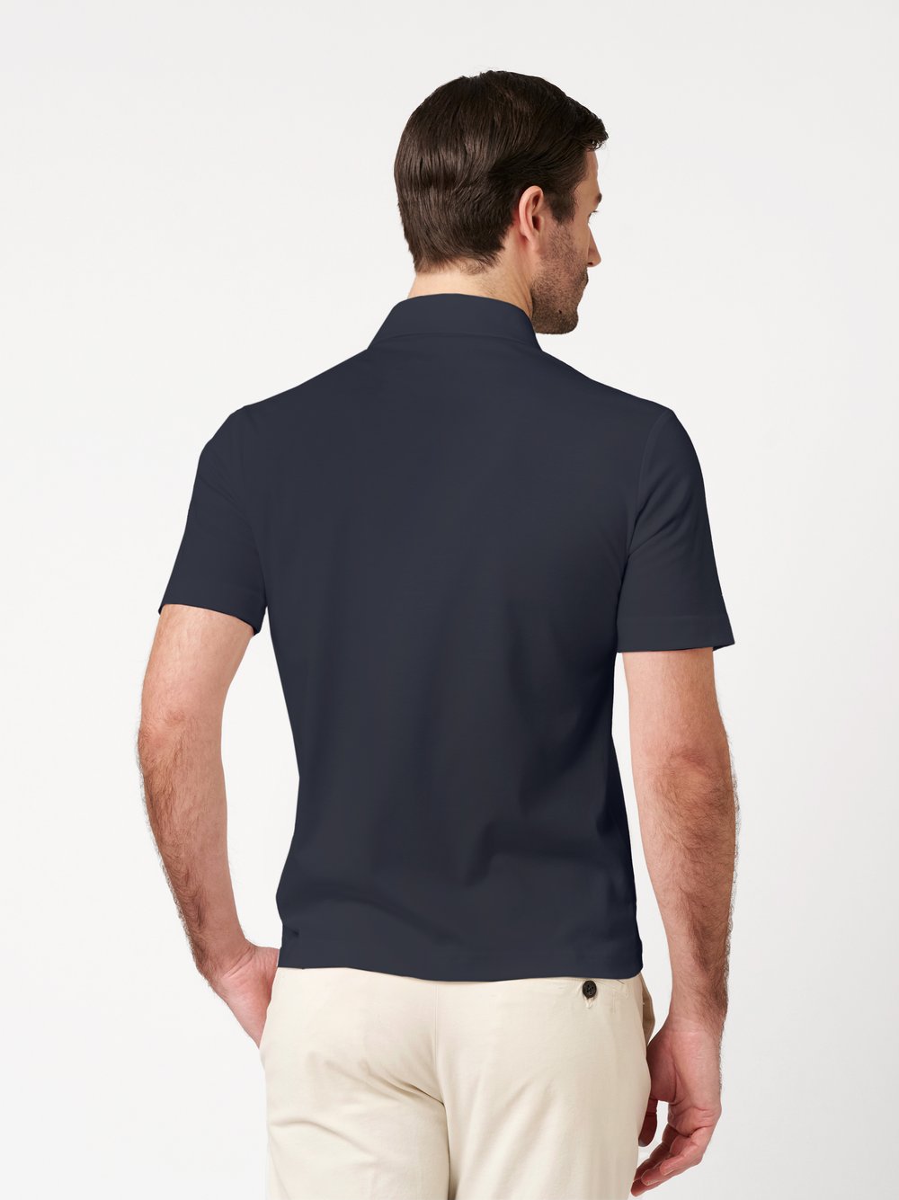 Mens Polo luxury two ply zip in blue pique, back view worn by model