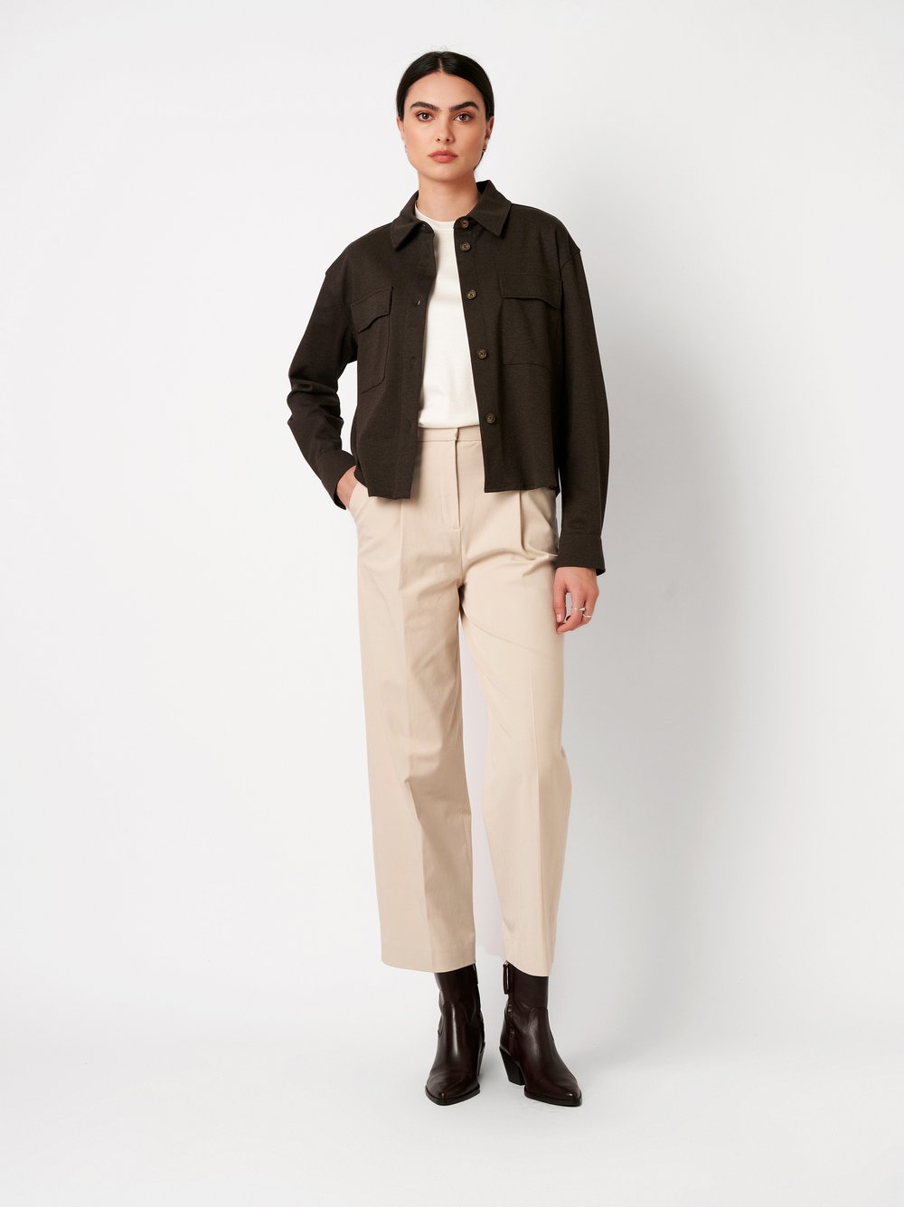 Womens blouse Sina in chocolate, outfit view worn by model