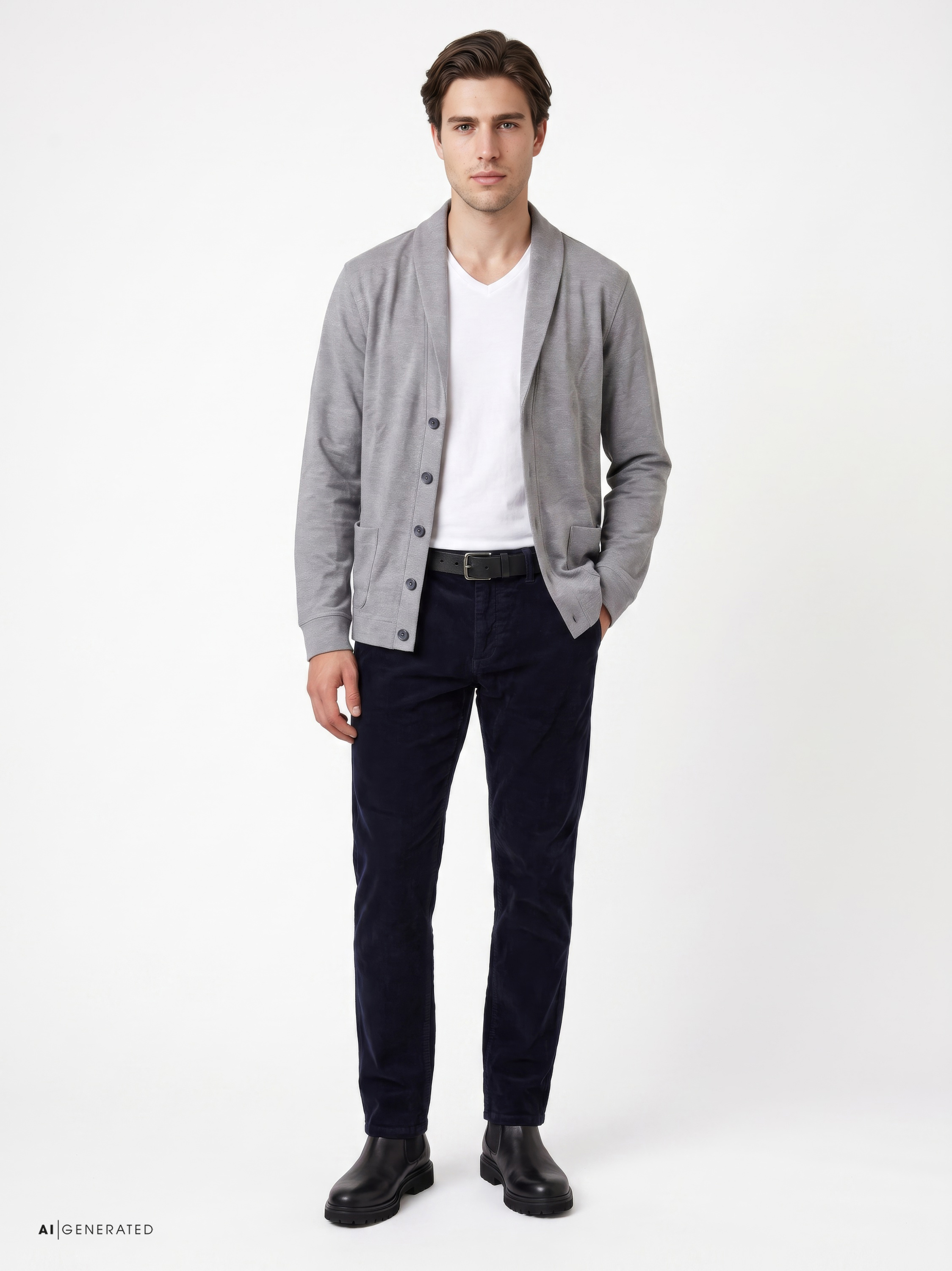 Mens sweater luxury shawl in grey melange, outfit view worn by model