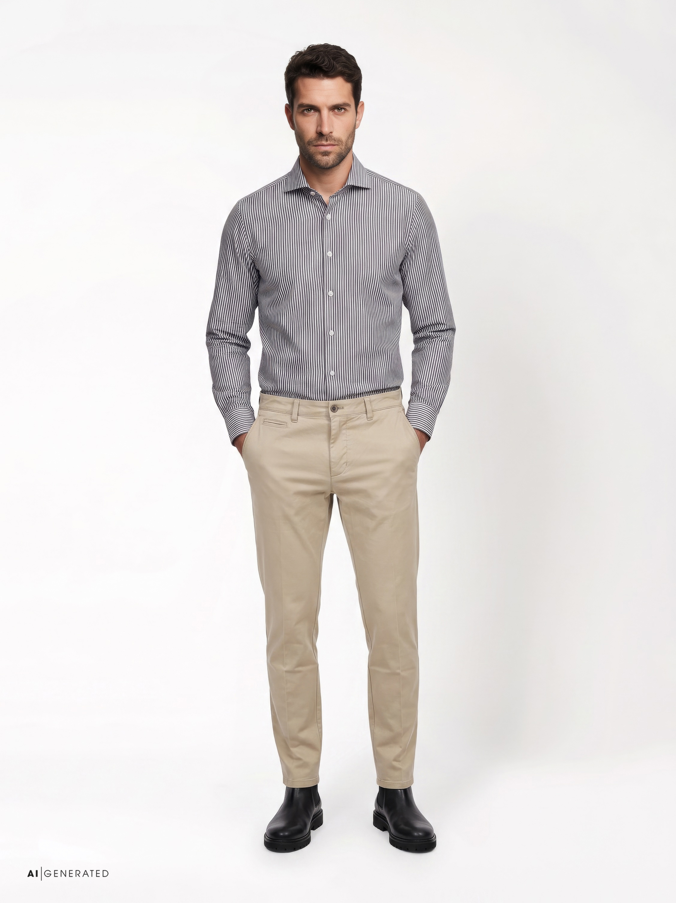 Mens shirt luxury hai in brown structure stripes, outfit view worn by model