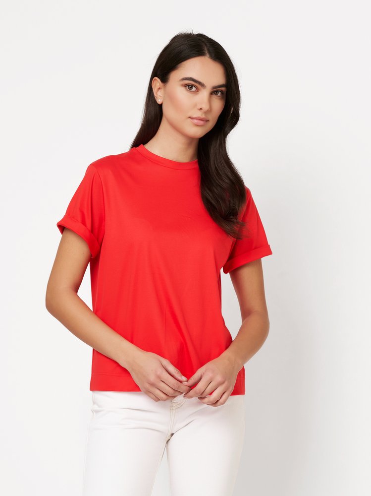 Womens shirt Alexa in red, front view worn by model