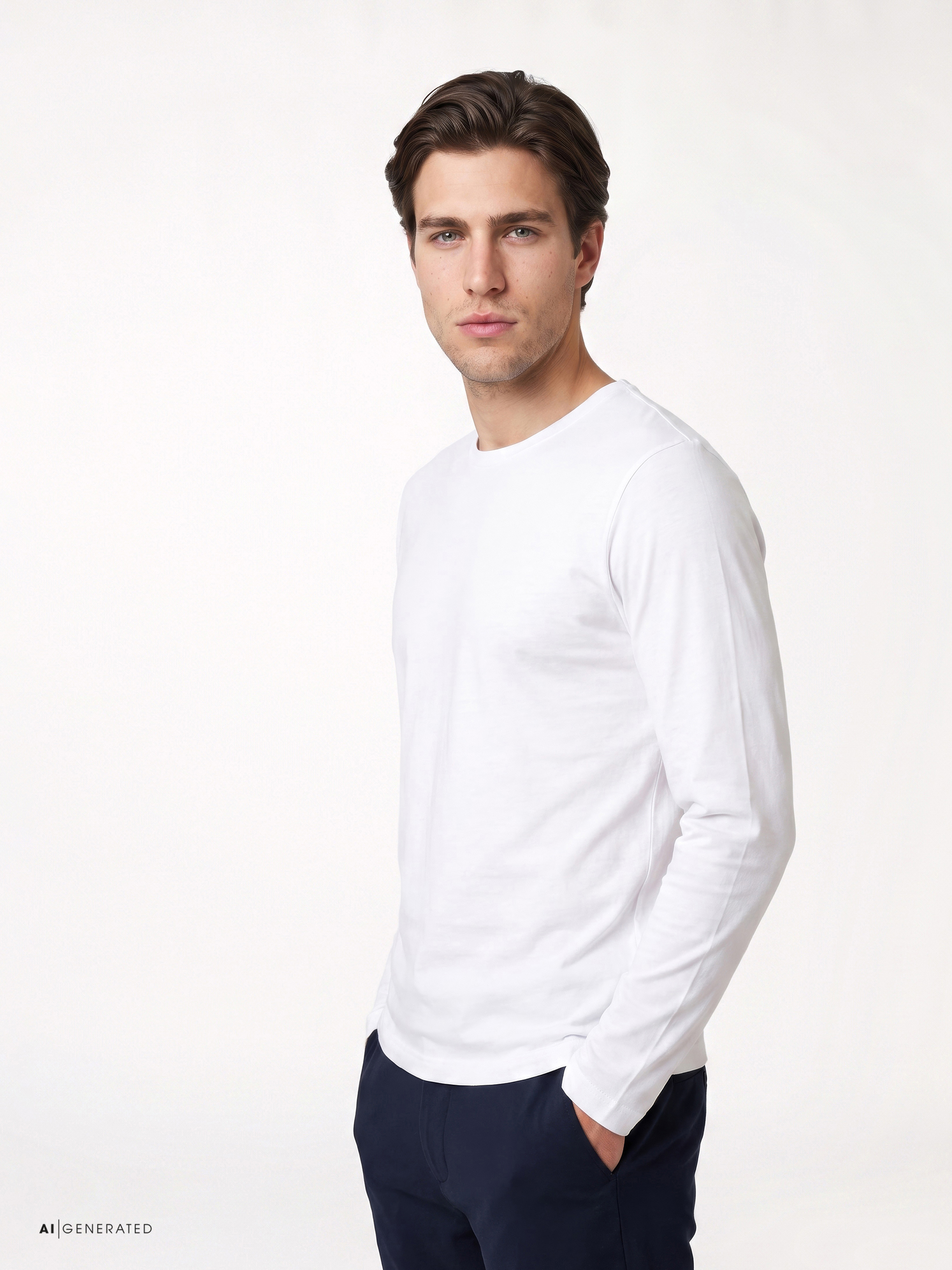 Mens T-shirt casual roundneck in white solid, front view worn by model