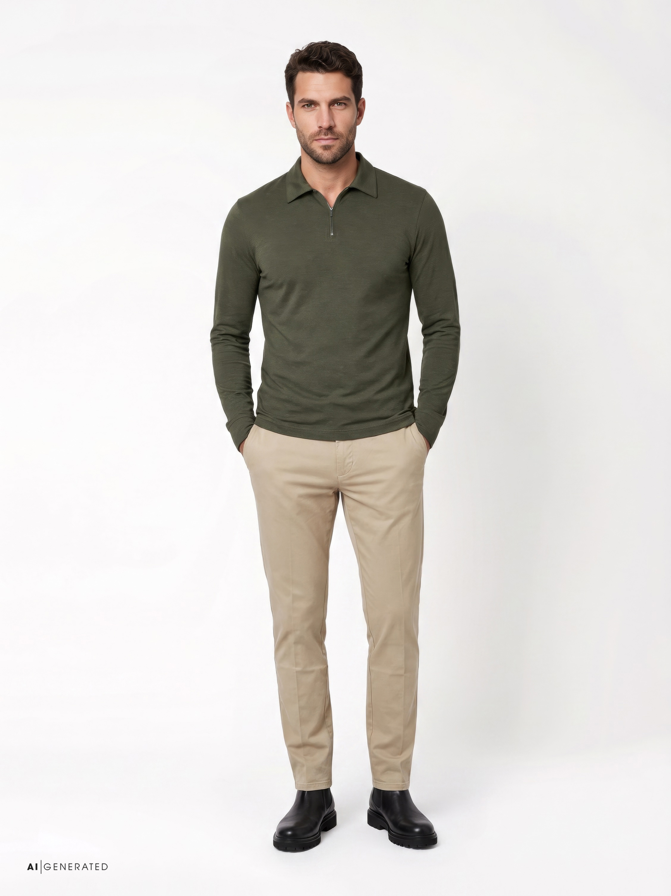Mens polo shirt uxury polo zip in green melange, outfit view worn by model