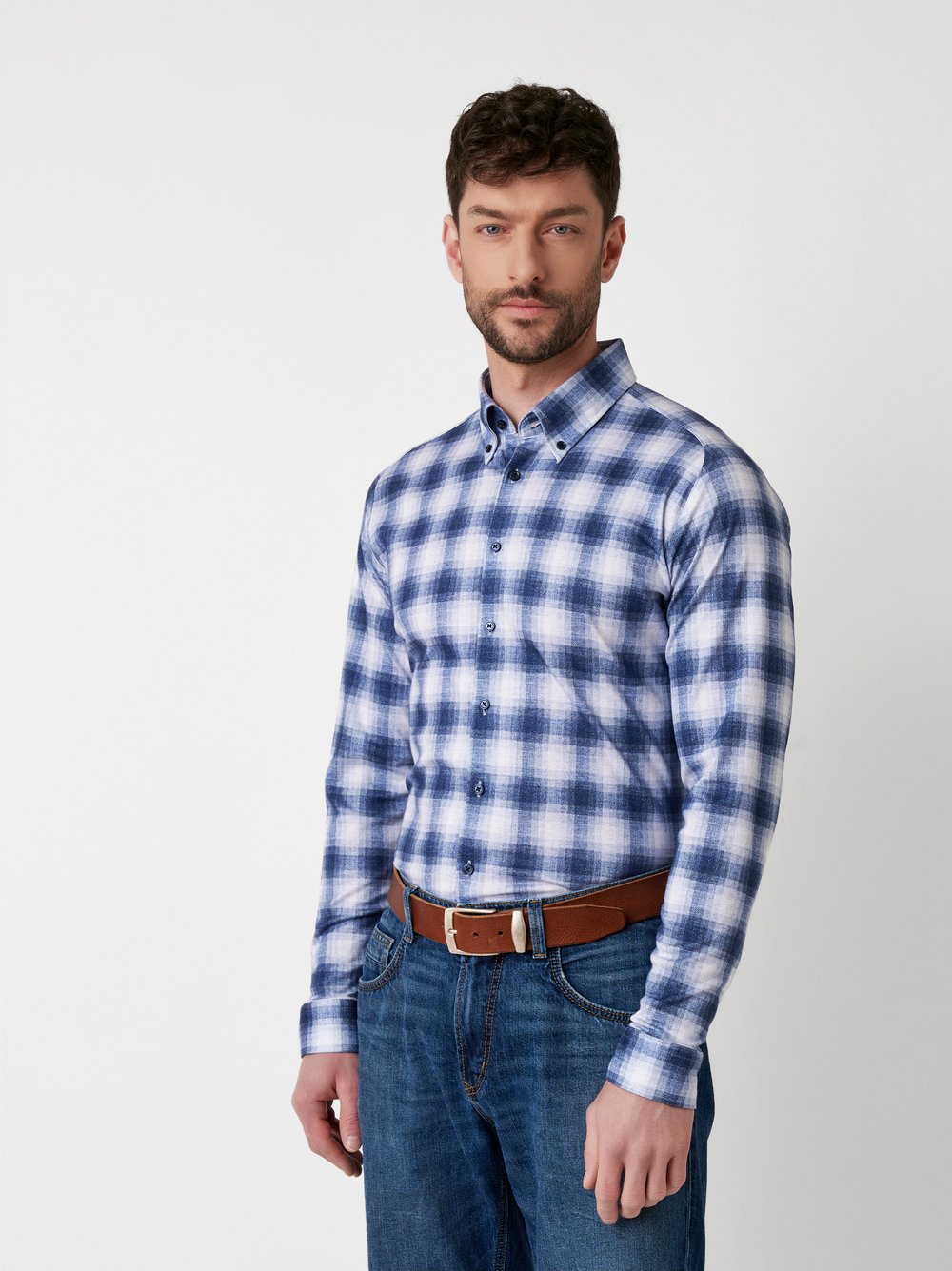 Shirt Casual Button Down blue check flannel front view Shirt Casual Button Down blue check flannel front view