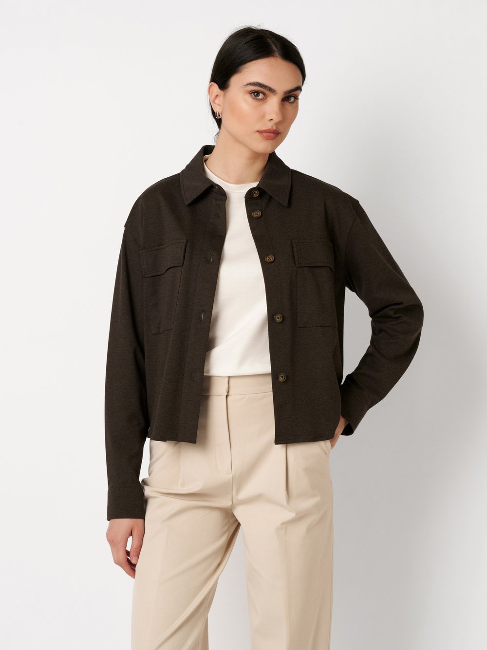 Womens blouse Sina in chocolate, front view worn by model