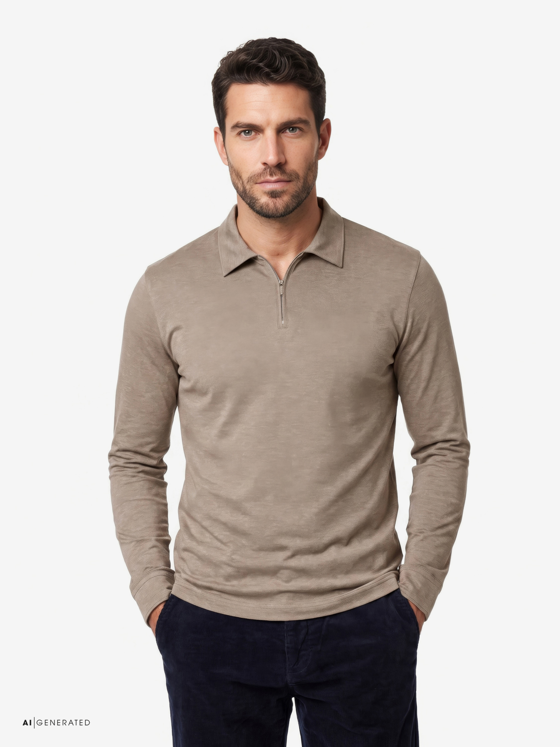Herrenpolo Luxury Polo Zip in brown pique, Frontansicht am Model getragen