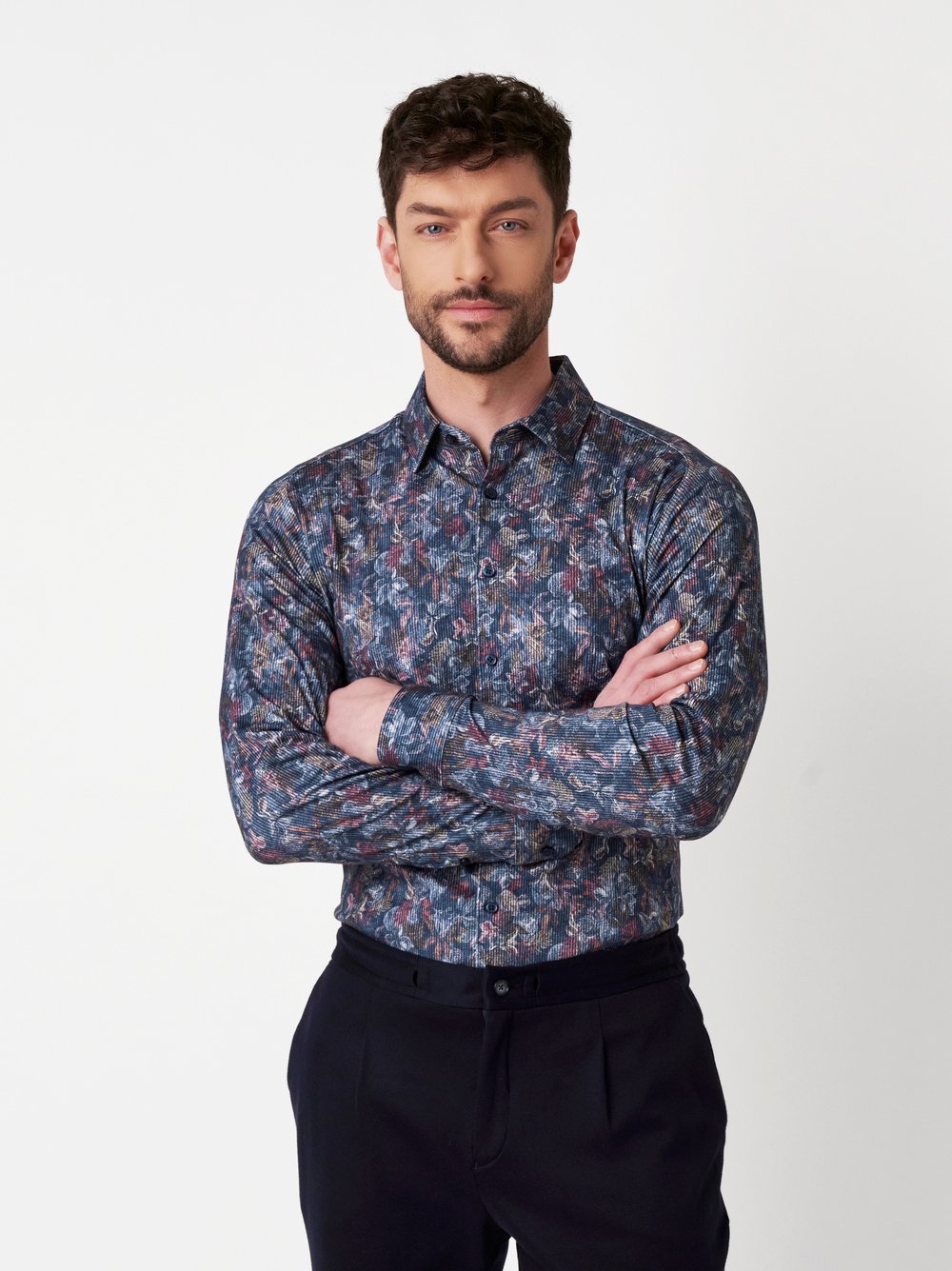 Shirt Casual Kent blue flower corduroy front view