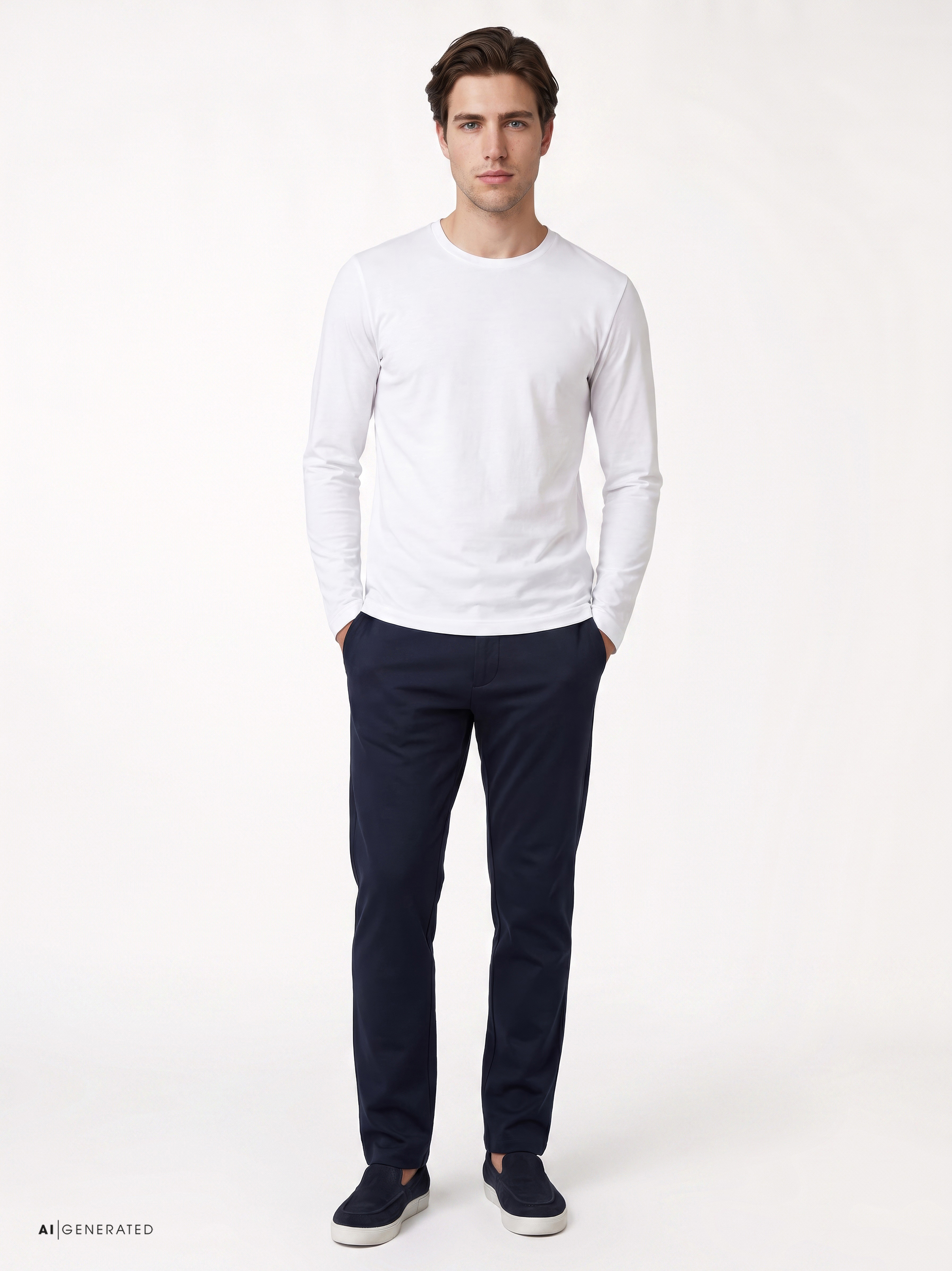Mens T-shirt casual roundneck in white solid, outfit view worn by model
