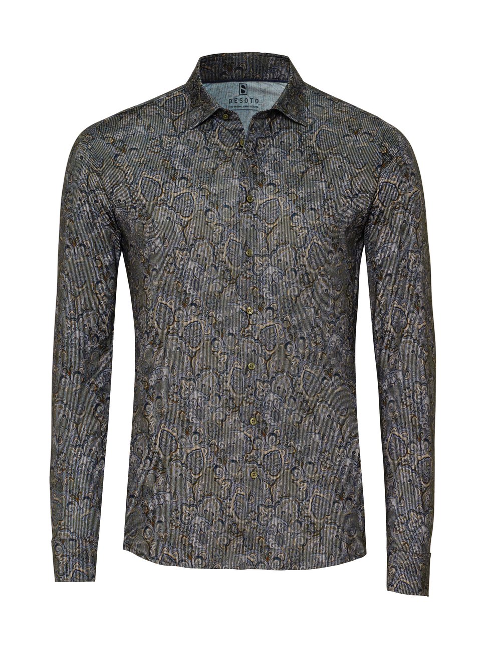Mens shirt casual kent in mossgreen corduroy paisley, product view