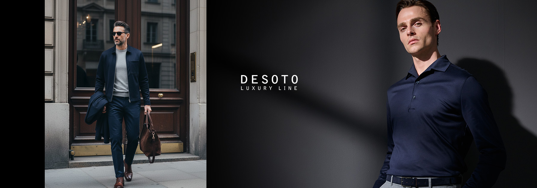 Zwei Männer in stilvollen Outfits der DESOTO Luxury Line – einer urban unterwegs mit Weekender, der andere in navyfarbenem Langarm-Poloshirt vor dunklem Hintergrund. Smart, souverän und maximal komfortabel.
