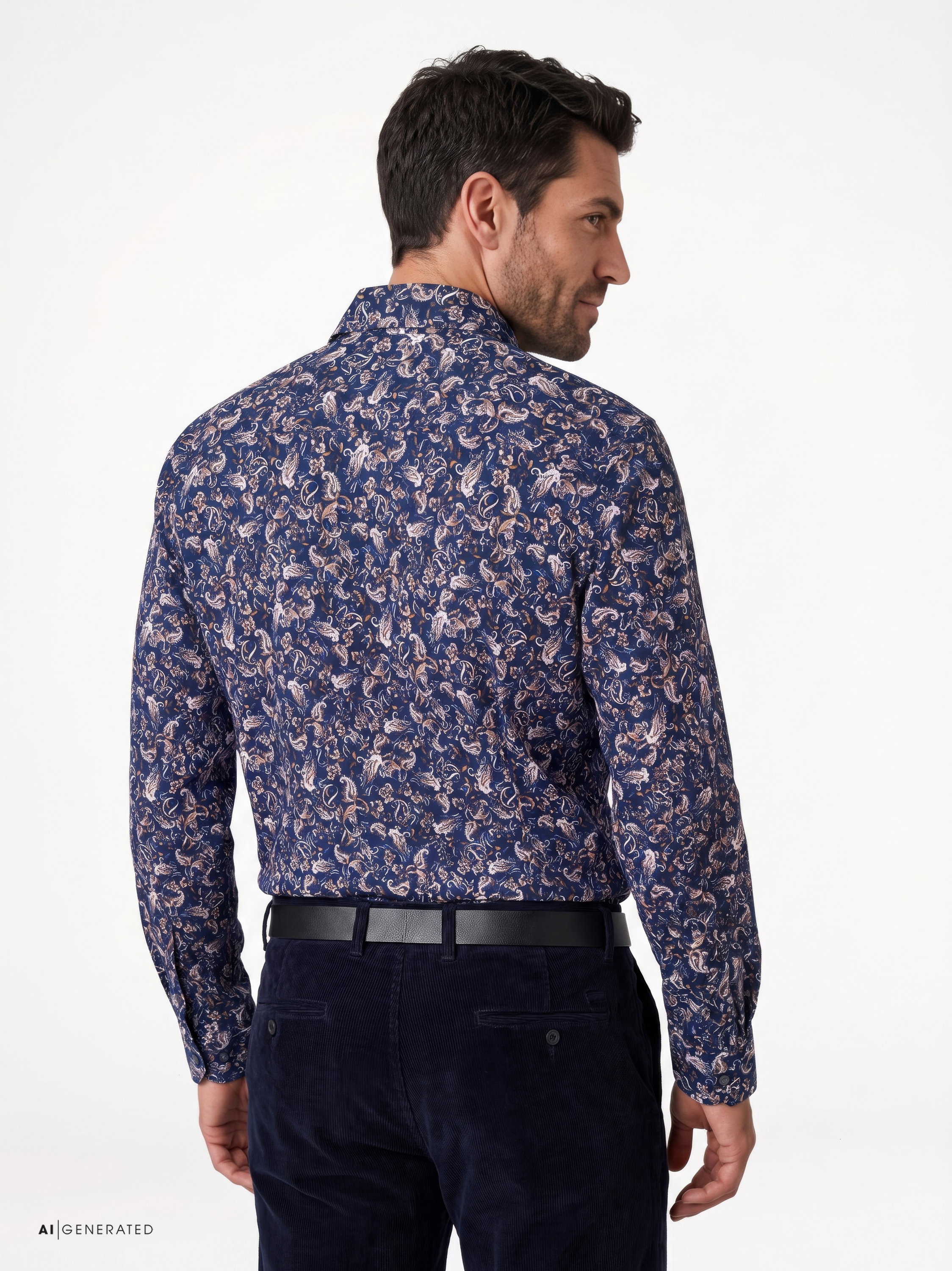 Mens shirt luxury hai in brown paisley flowers, back view worn by model